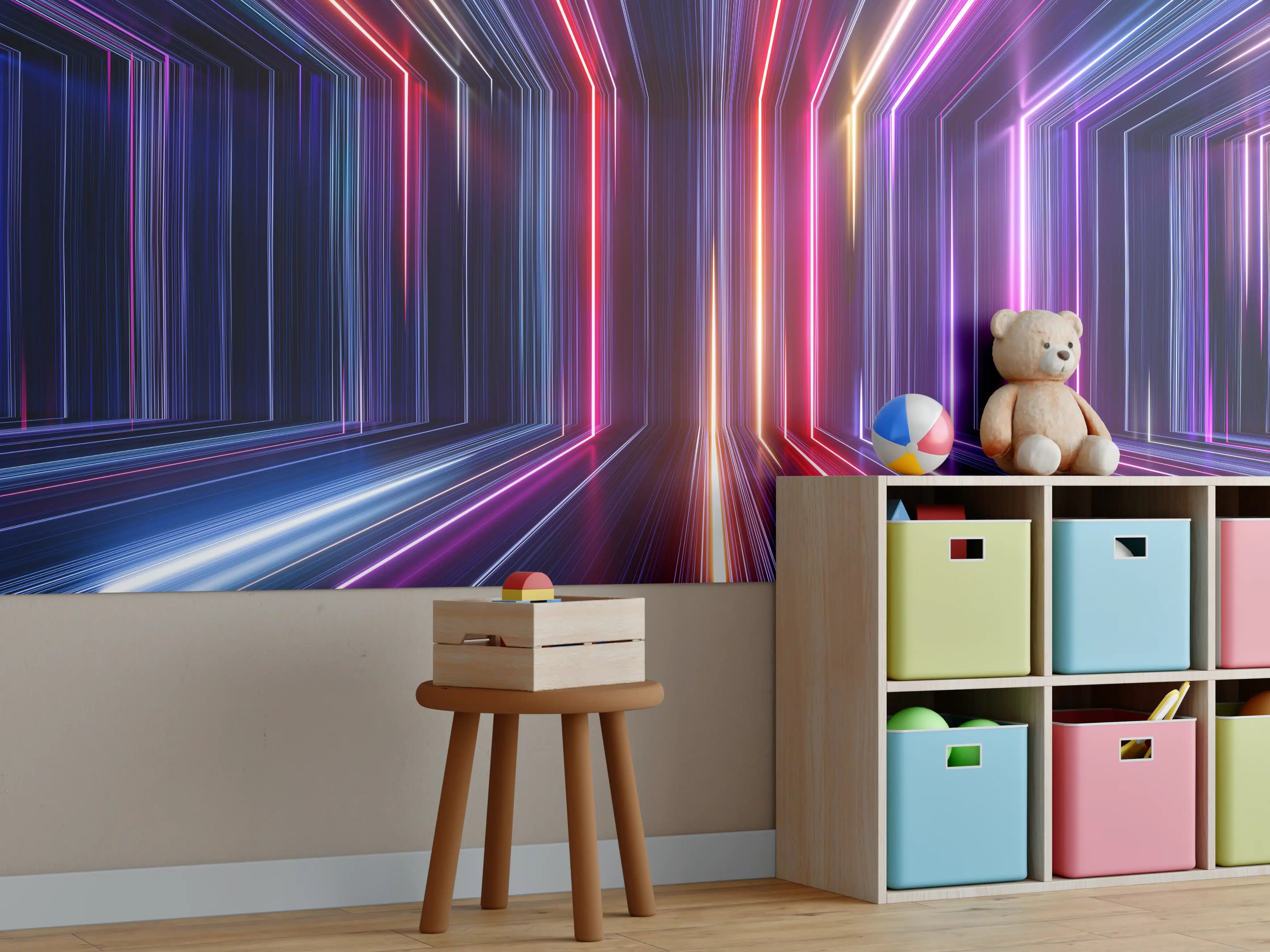 Kinderzimmer Wandgestaltung - Lebendige Neonlicht-Gitterstruktur