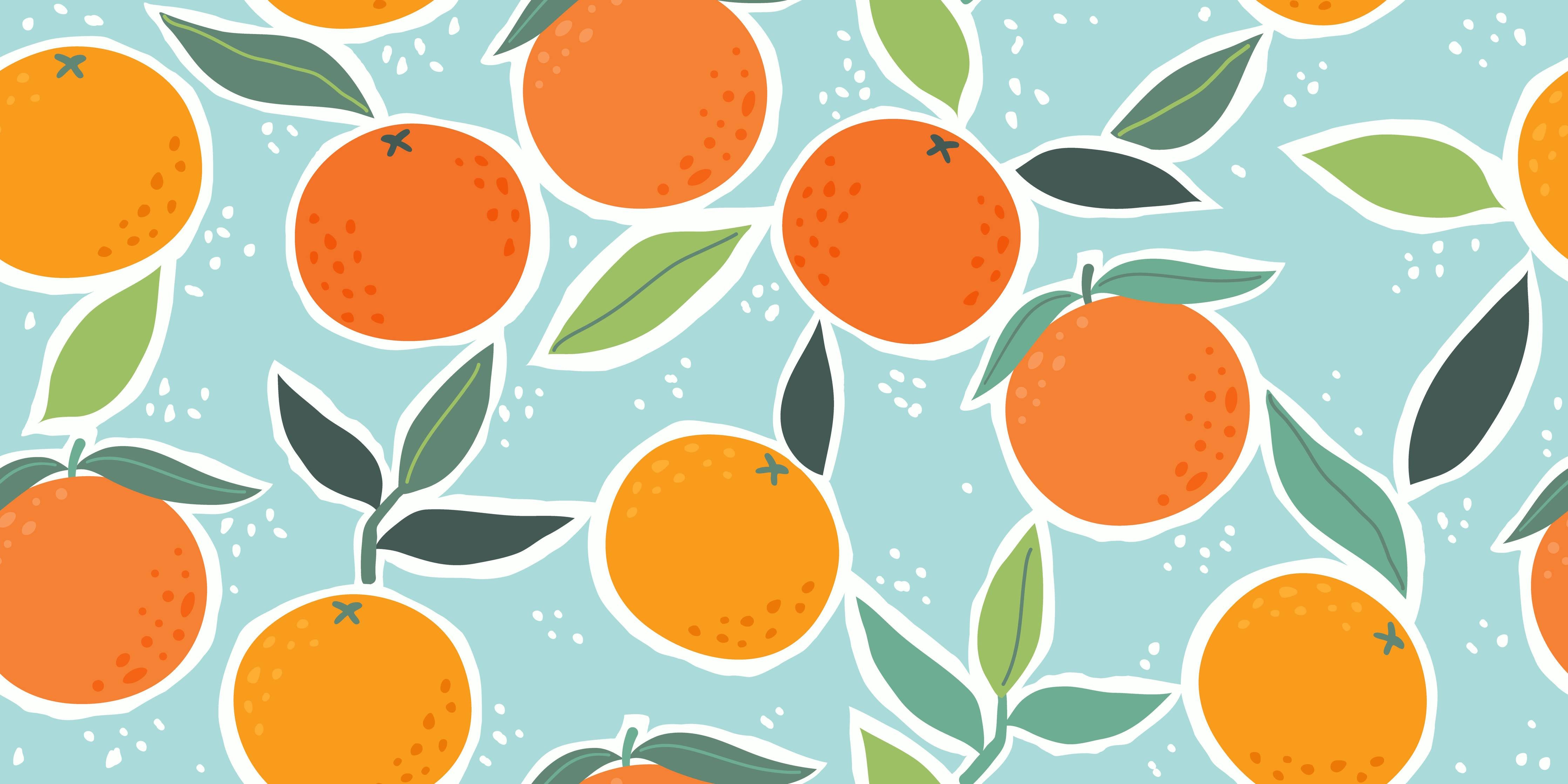 Kinderzimmer Wandgestaltung-Lebendige Orangen mit Blättern auf heller Hintergrund