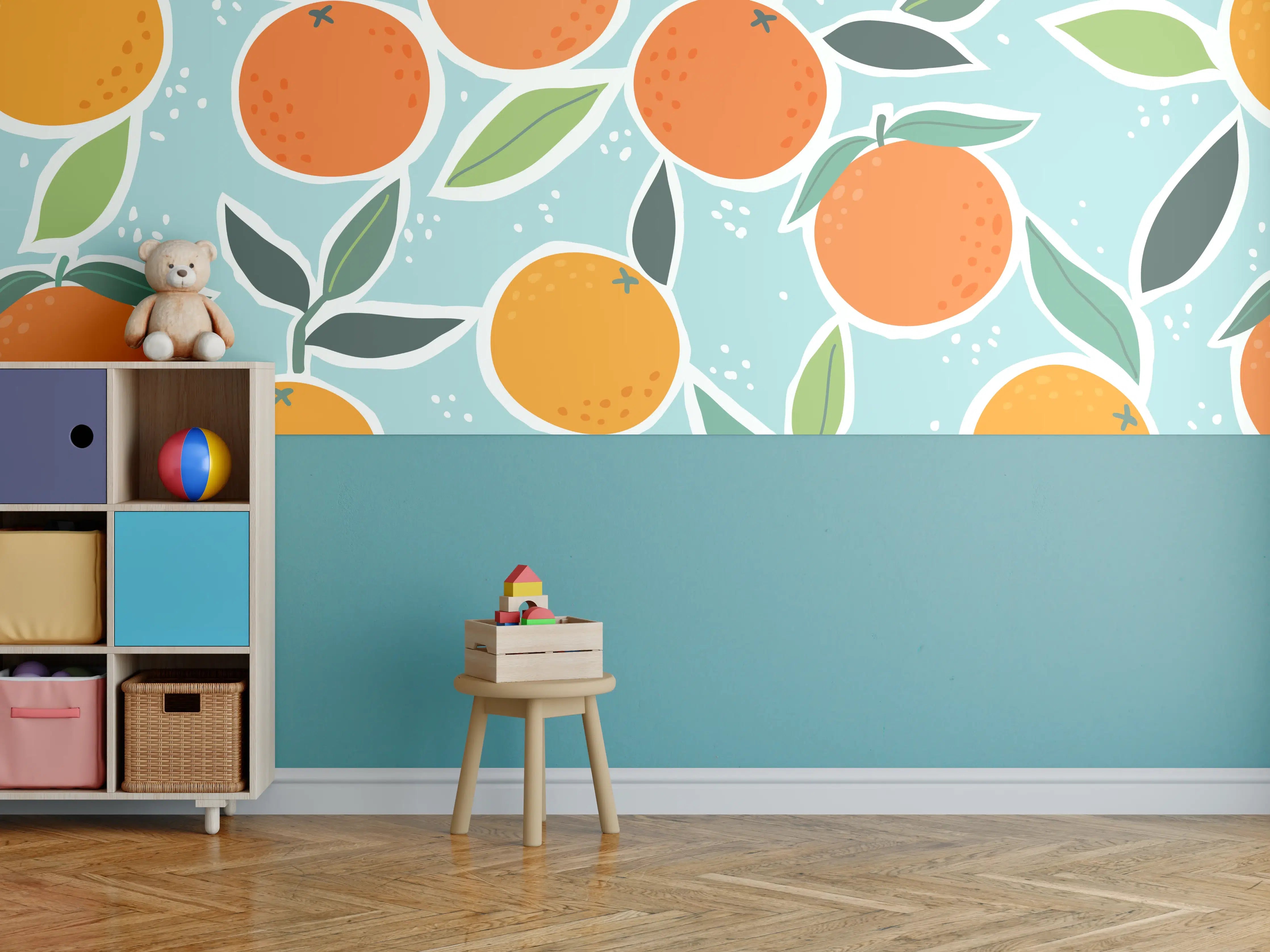 Kinderzimmer Wandgestaltung - Lebendige Orangen mit Blättern auf heller Hintergrund