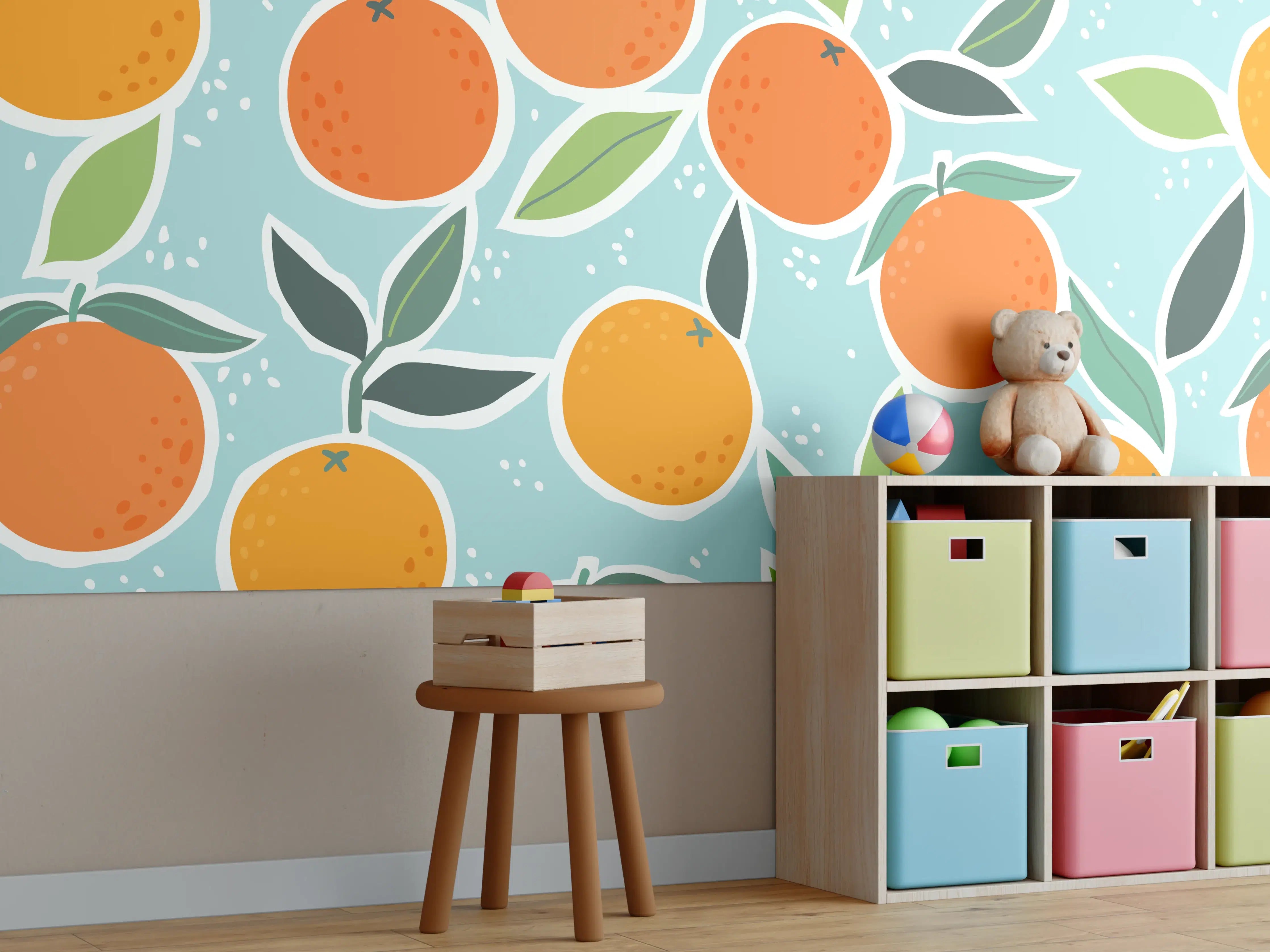 Kinderzimmer Wandgestaltung - Lebendige Orangen mit Blättern auf heller Hintergrund