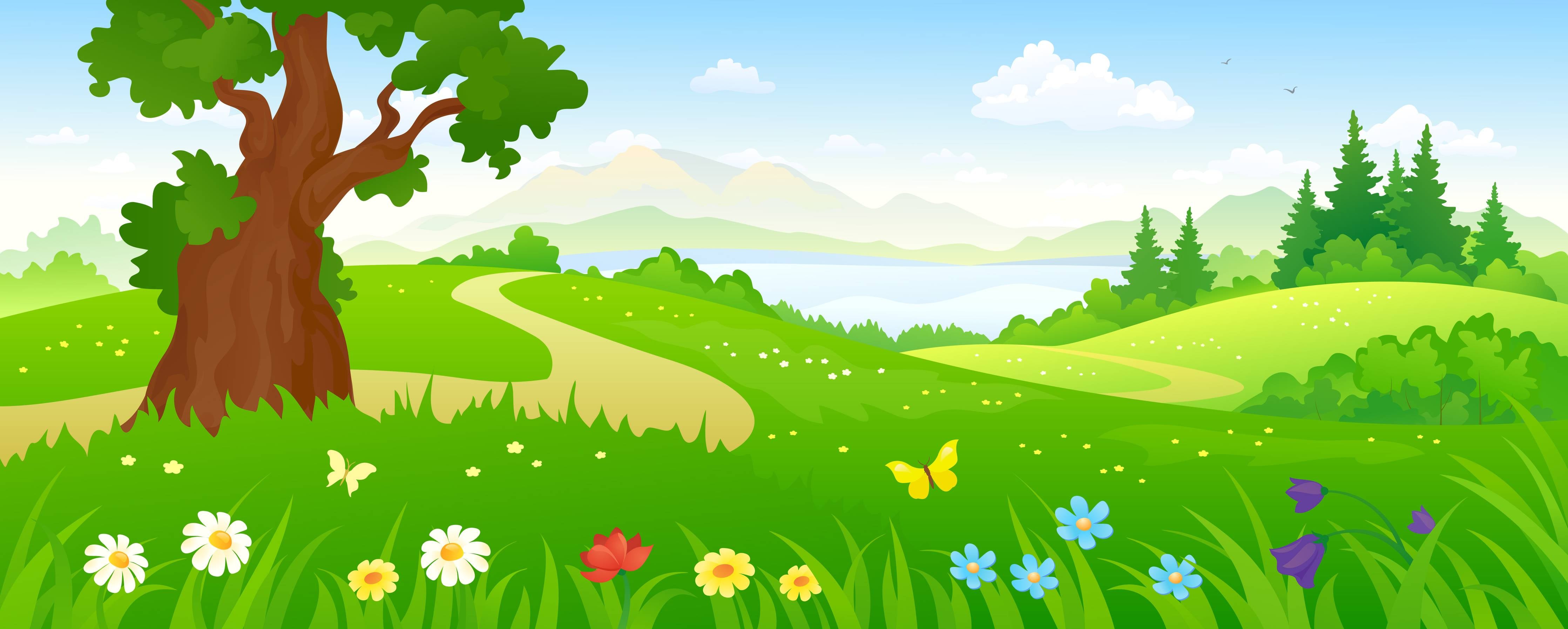 Kinderzimmer Wandgestaltung-Lebendiger Frühlingsbaum in grüner Landschaft