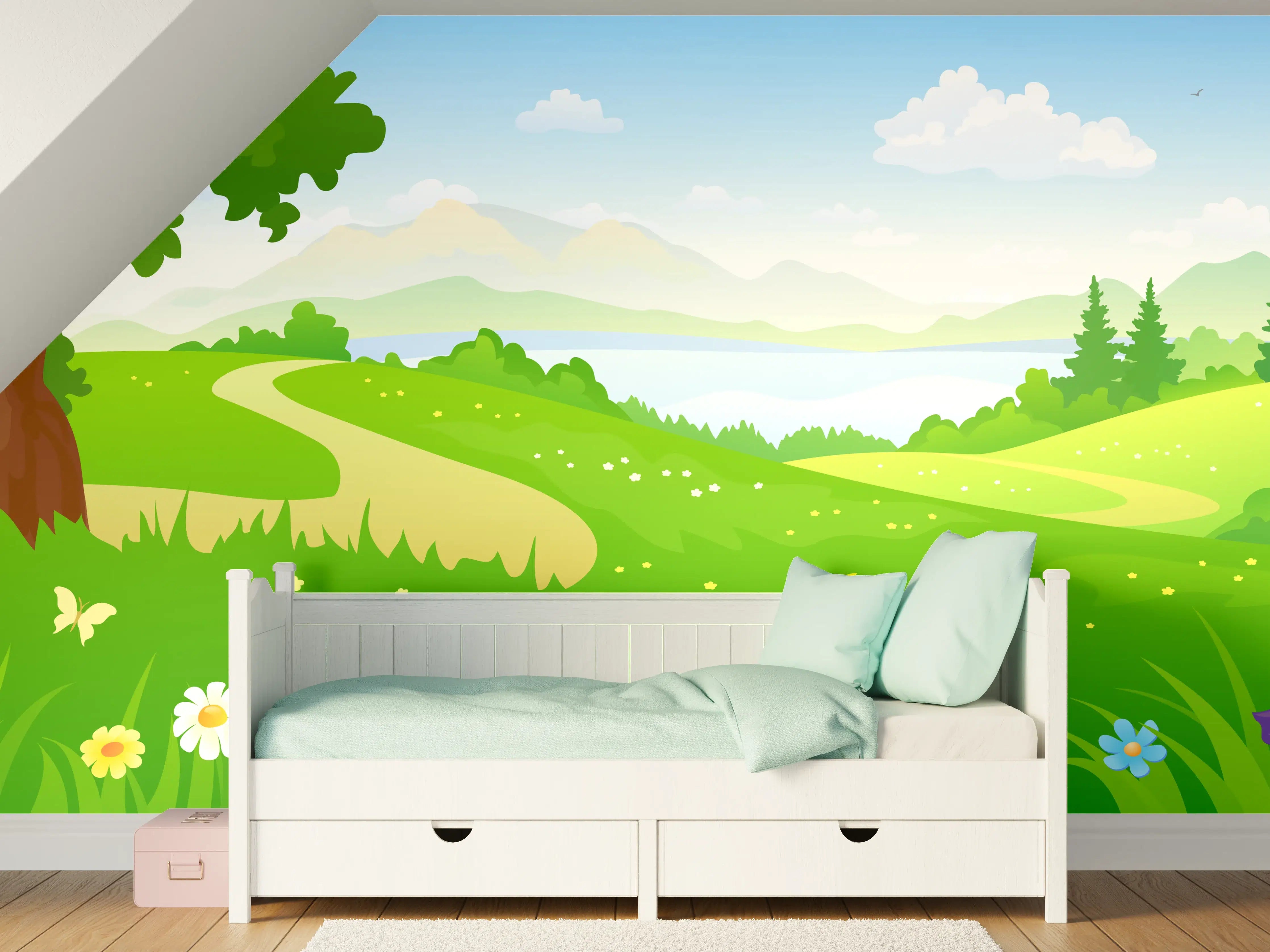Kinderzimmer Wandgestaltung - Lebendiger Frühlingsbaum in grüner Landschaft