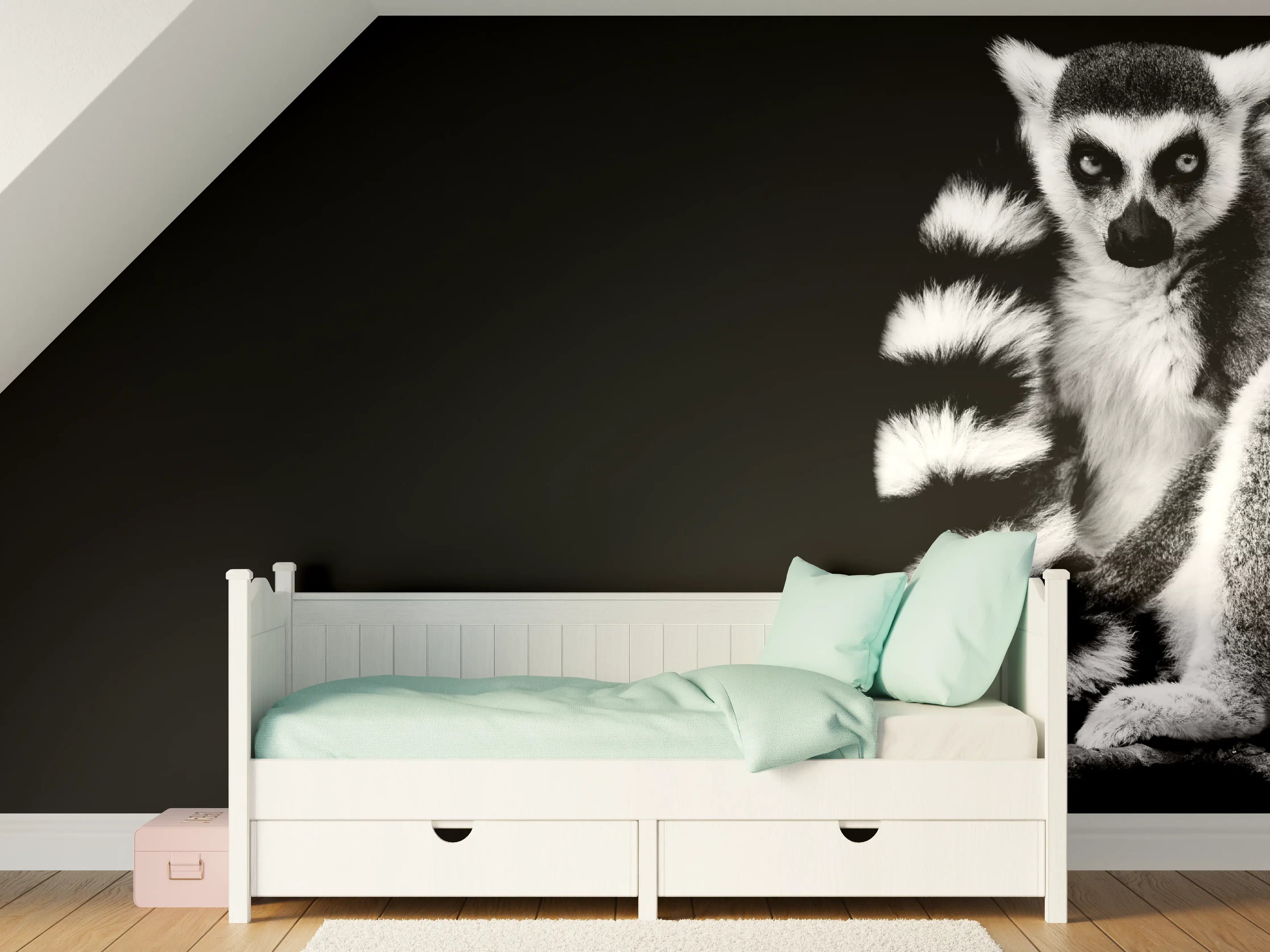 Kinderzimmer Wandgestaltung - Lemur auf schwarzem Hintergrund