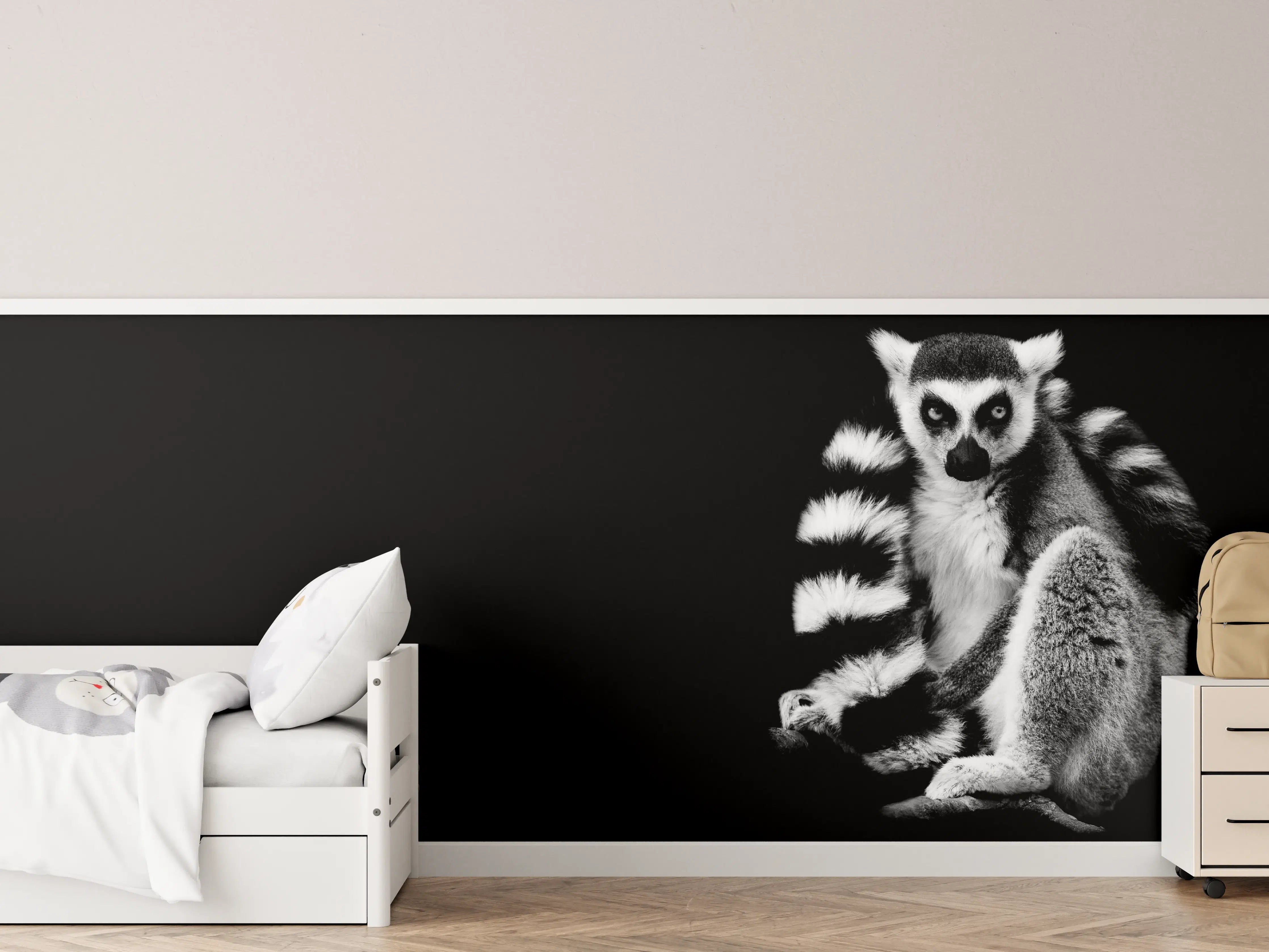Kinderzimmer Wandgestaltung - Lemur auf schwarzem Hintergrund