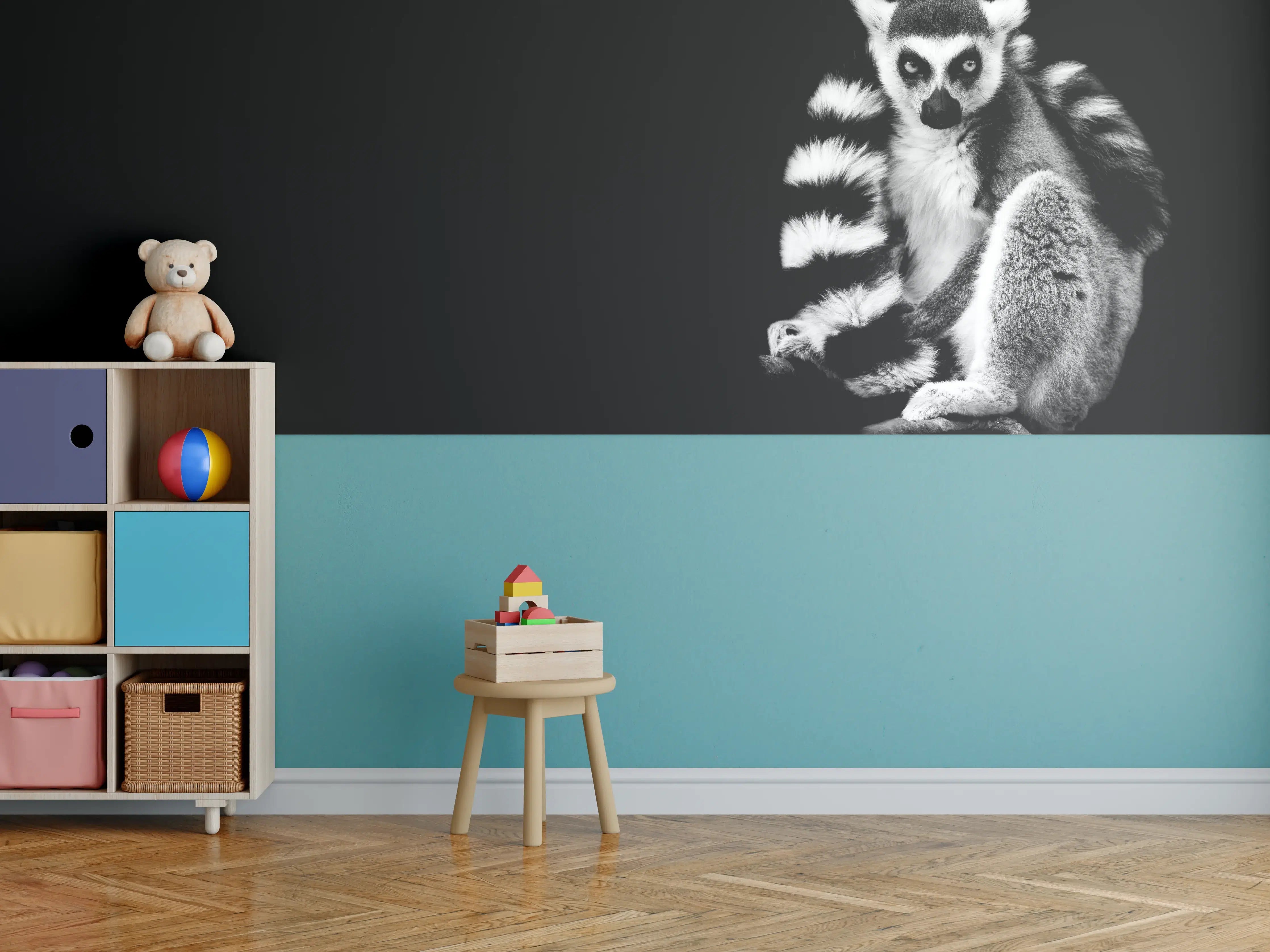 Kinderzimmer Wandgestaltung - Lemur auf schwarzem Hintergrund