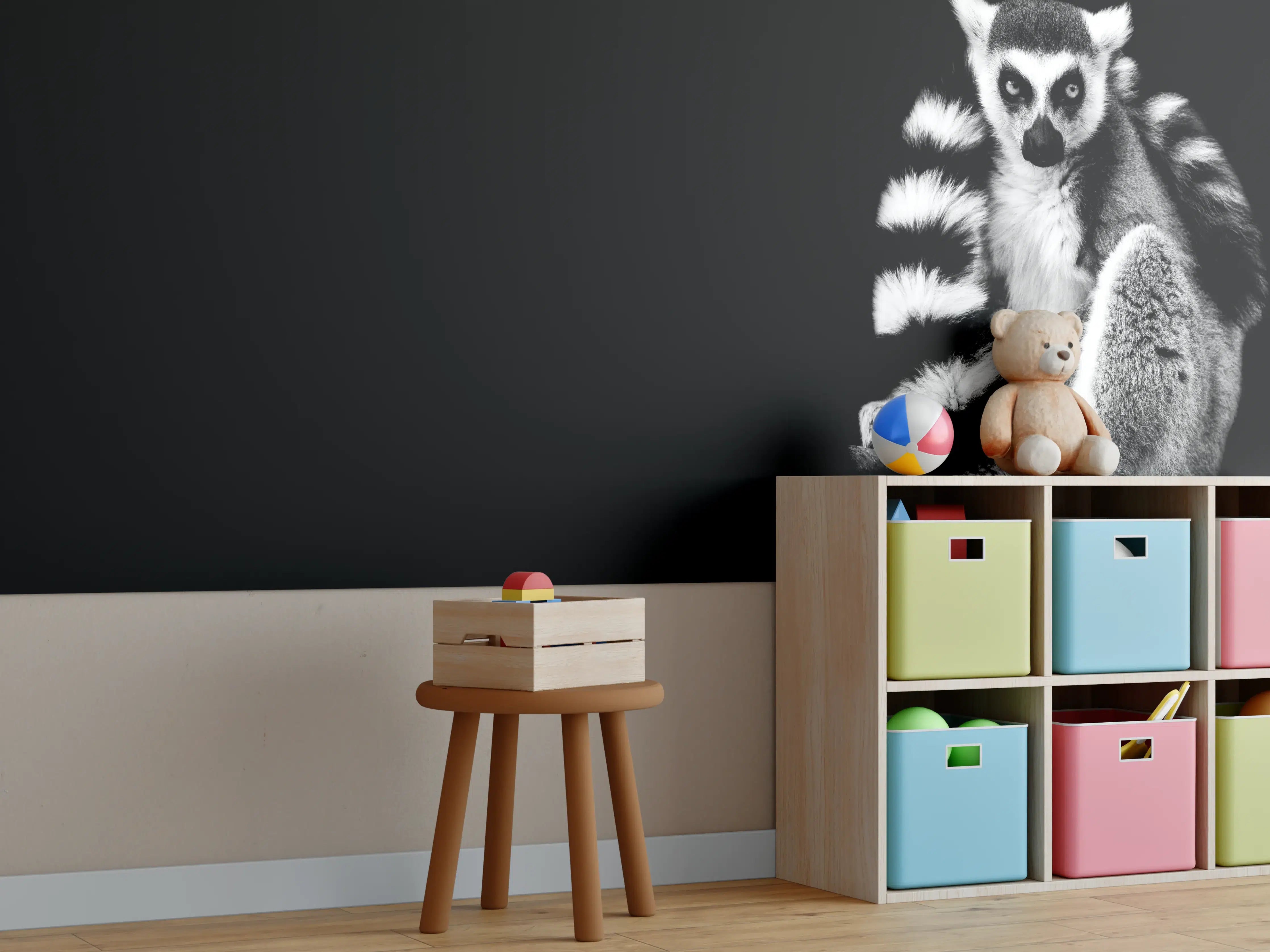Kinderzimmer Wandgestaltung - Lemur auf schwarzem Hintergrund