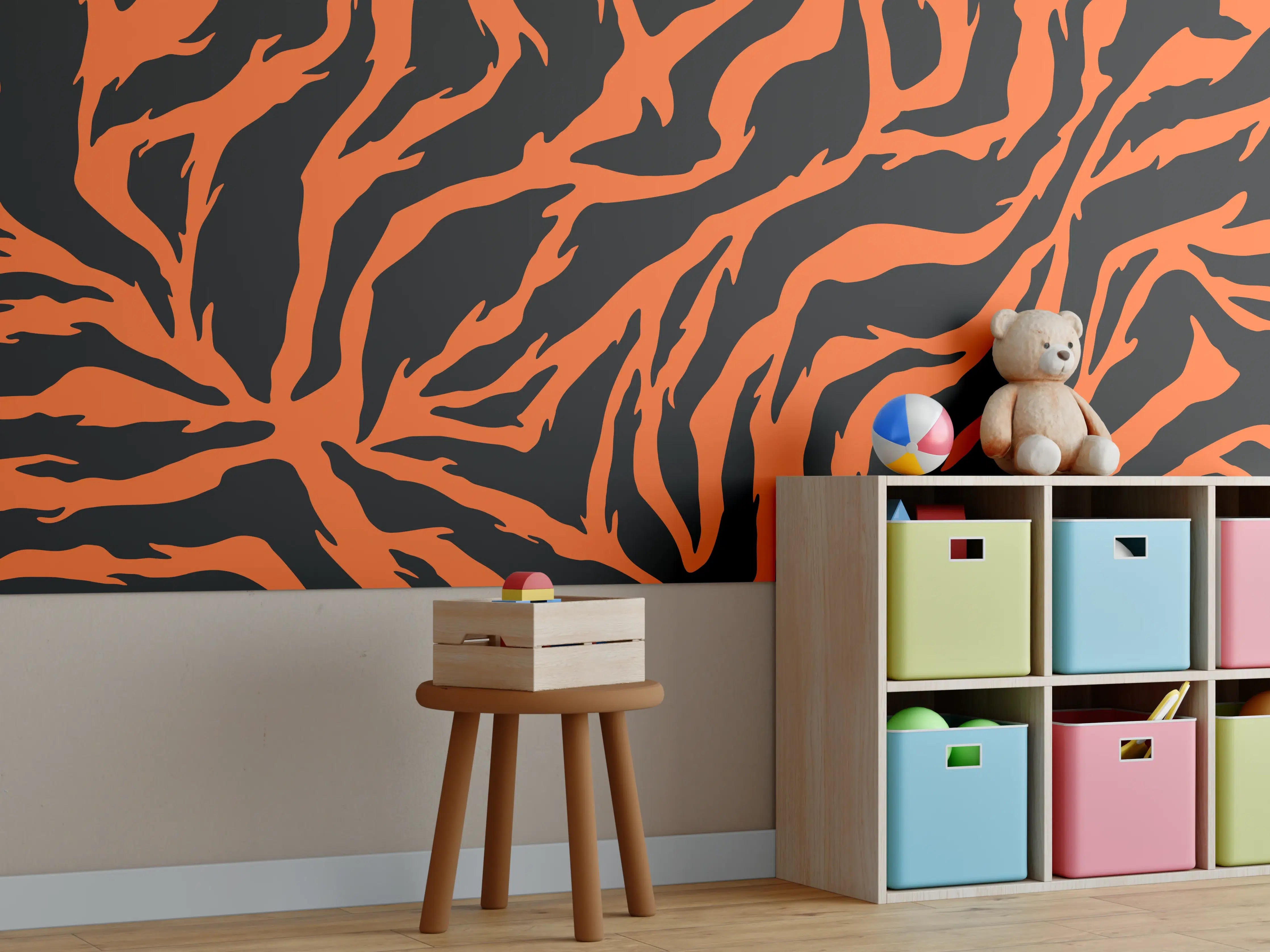 Kinderzimmer Wandgestaltung - Leopardenmuster in Orange und Schwarz