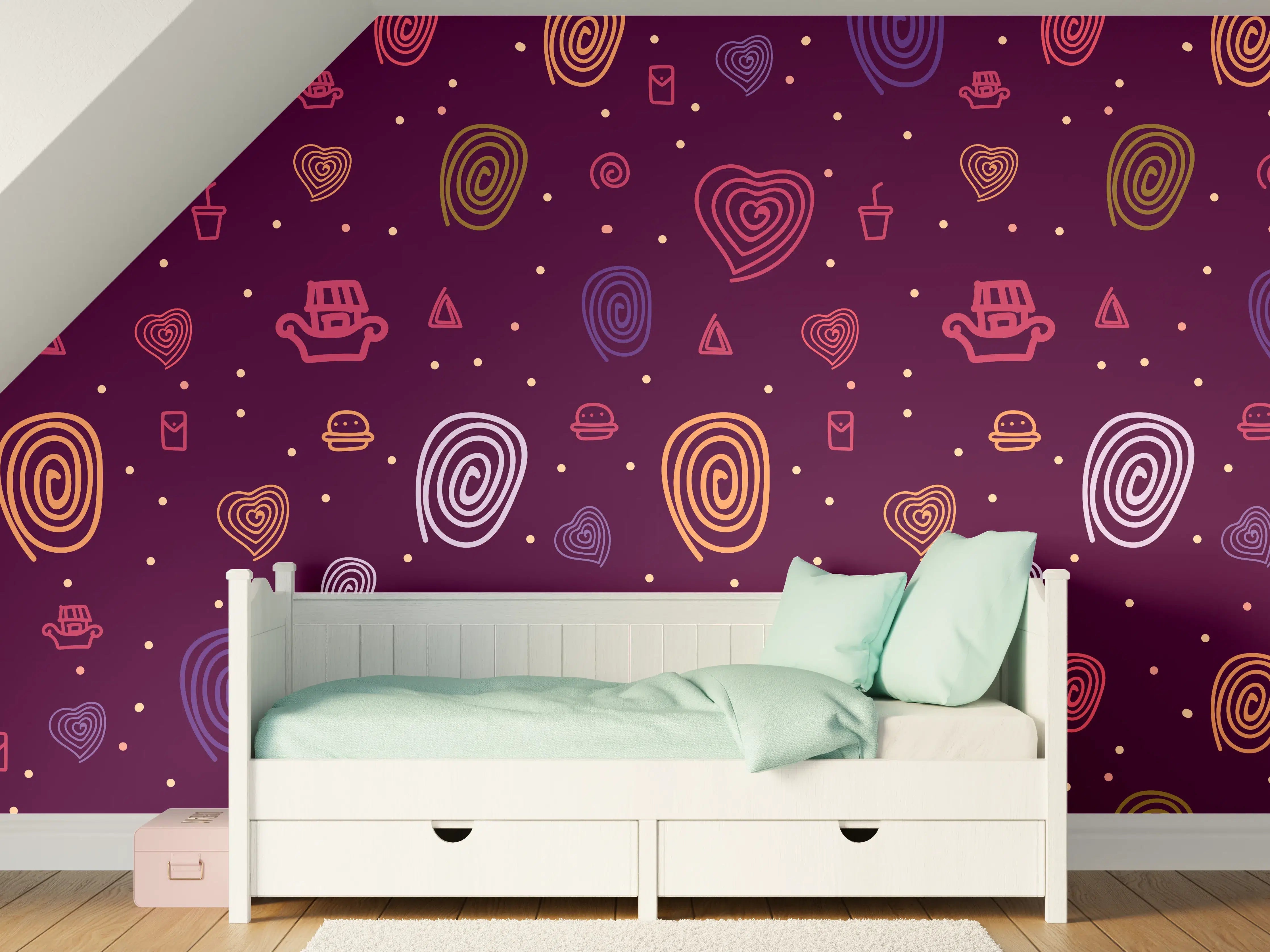 Kinderzimmer Wandgestaltung - Leuchtende Herz- und Spiralmuster