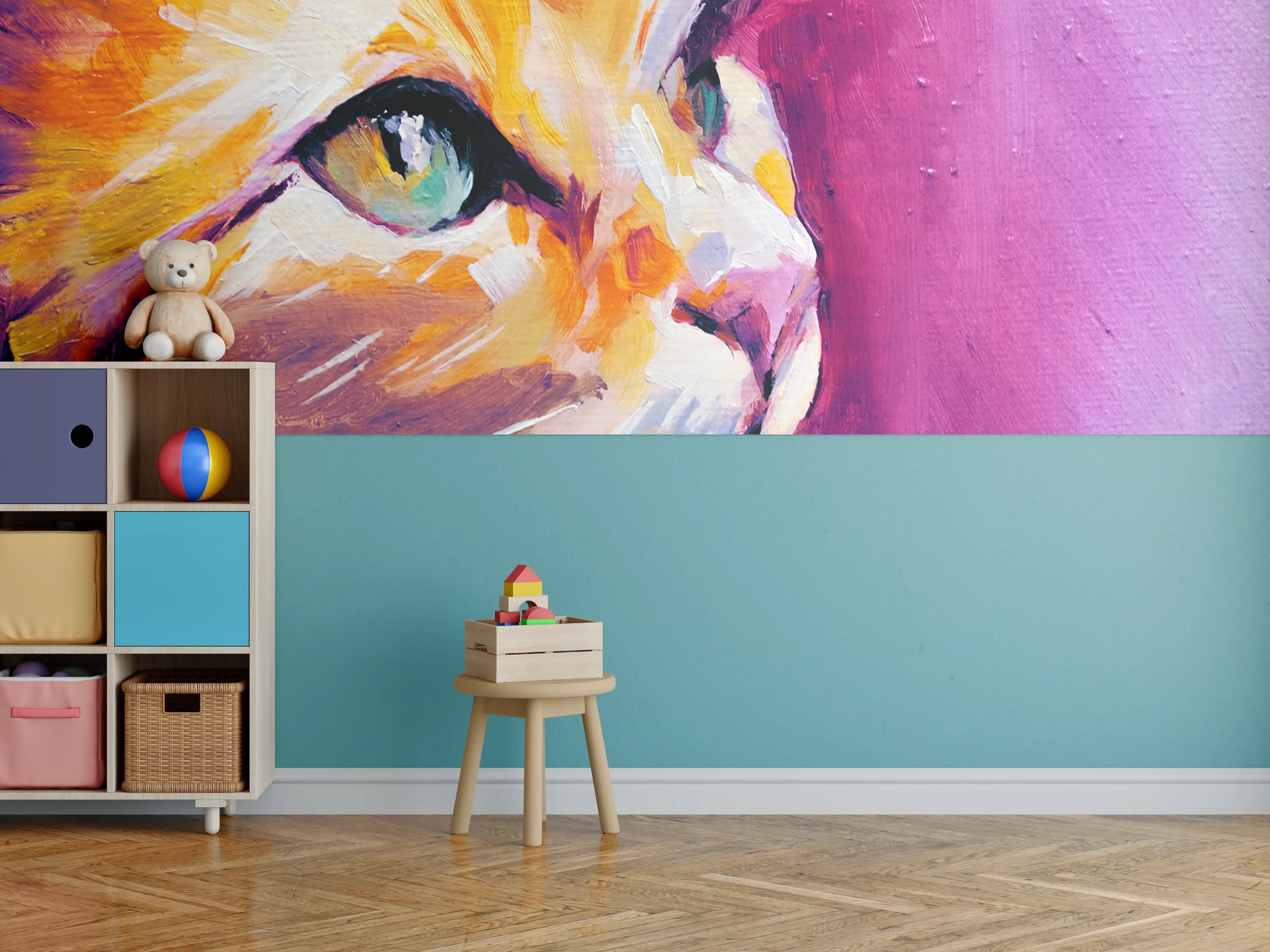 Kinderzimmer Wandgestaltung - Leuchtende Katzenportrait in lebendigen Farben