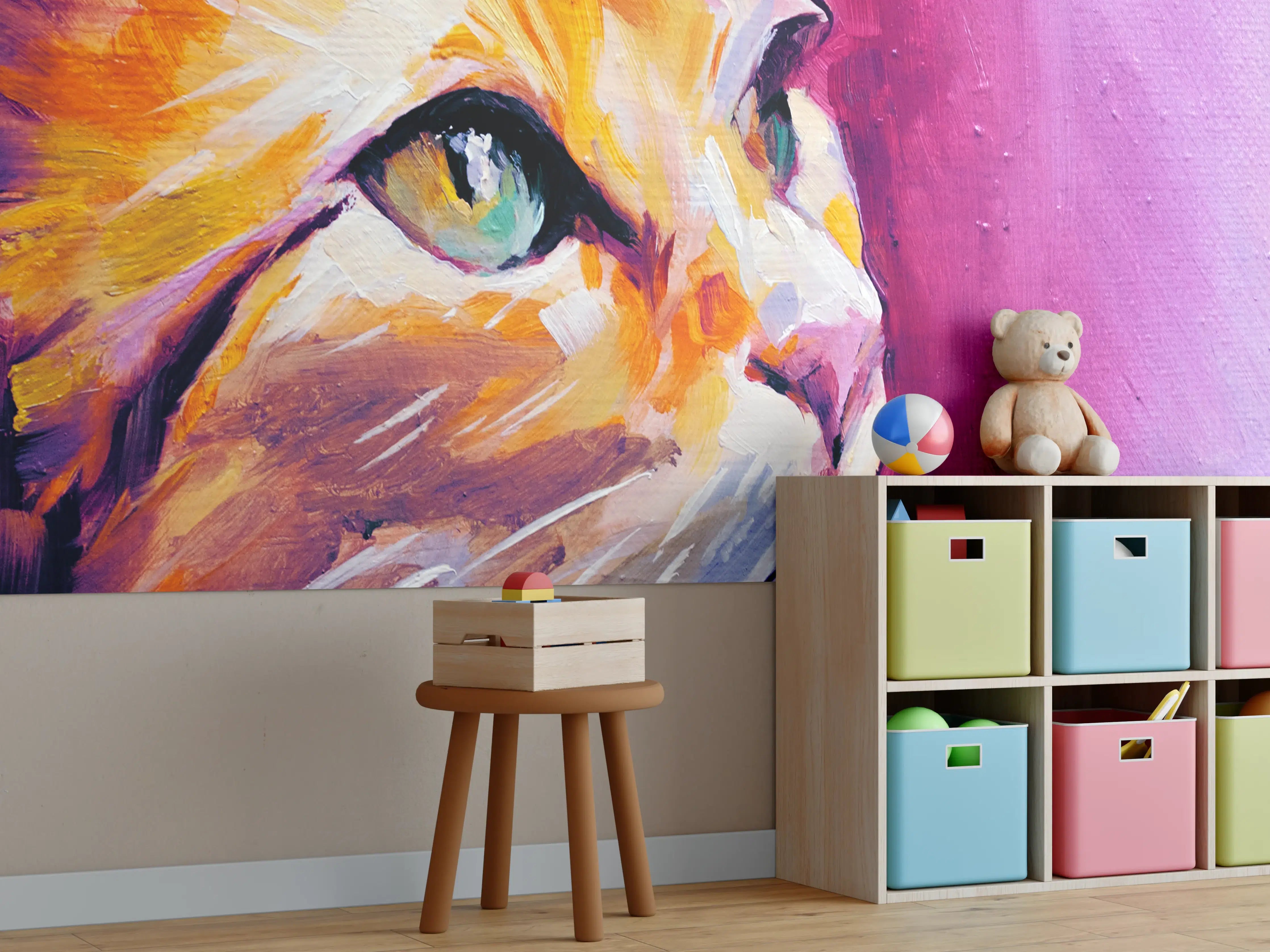 Kinderzimmer Wandgestaltung - Leuchtende Katzenportrait in lebendigen Farben