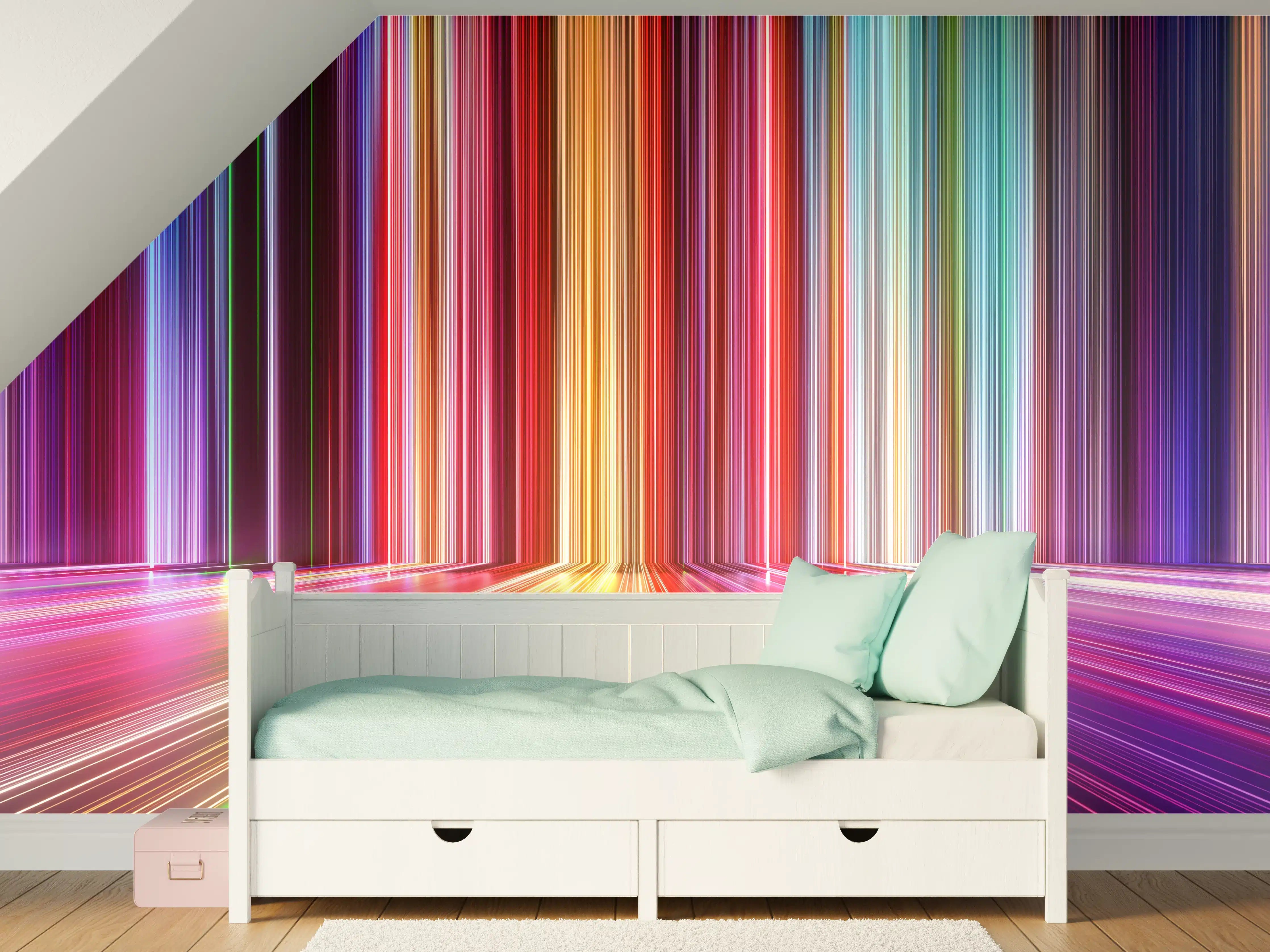 Kinderzimmer Wandgestaltung - Leuchtende Lichterstreifen in Regenbogenfarben