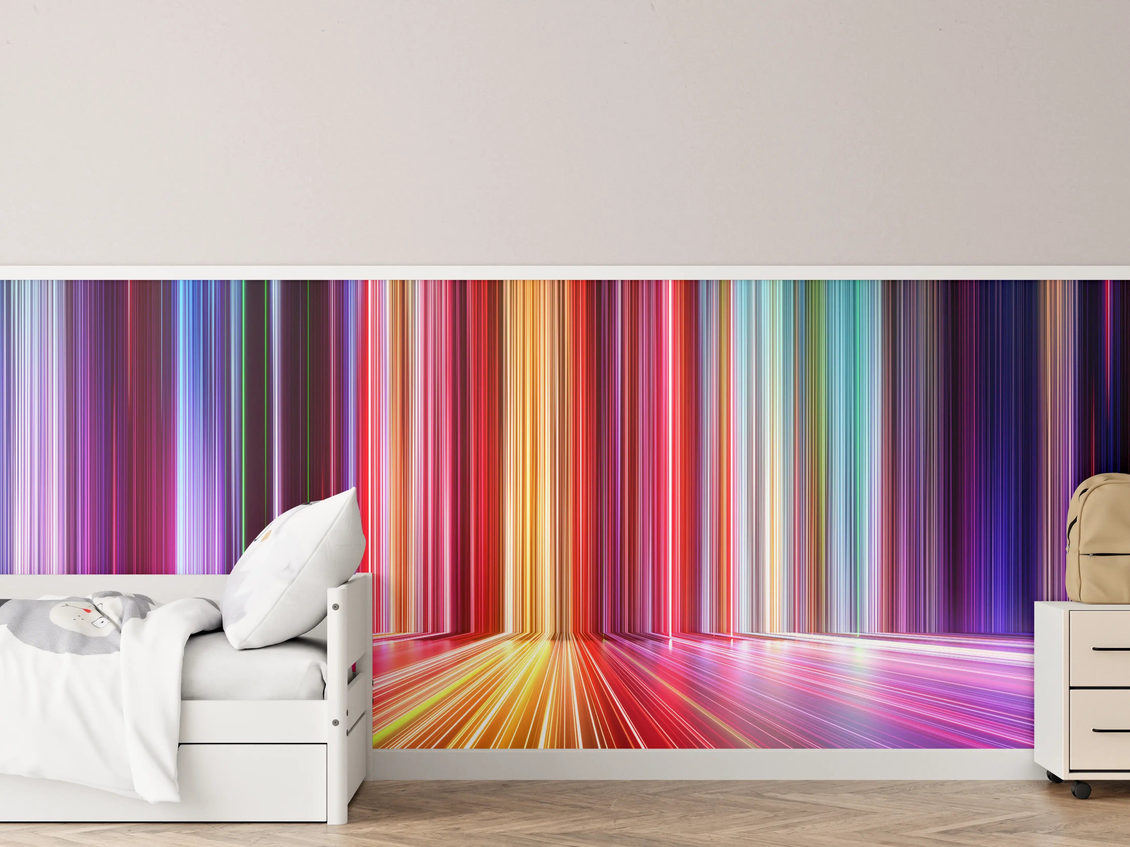 Kinderzimmer Wandgestaltung - Leuchtende Lichterstreifen in Regenbogenfarben