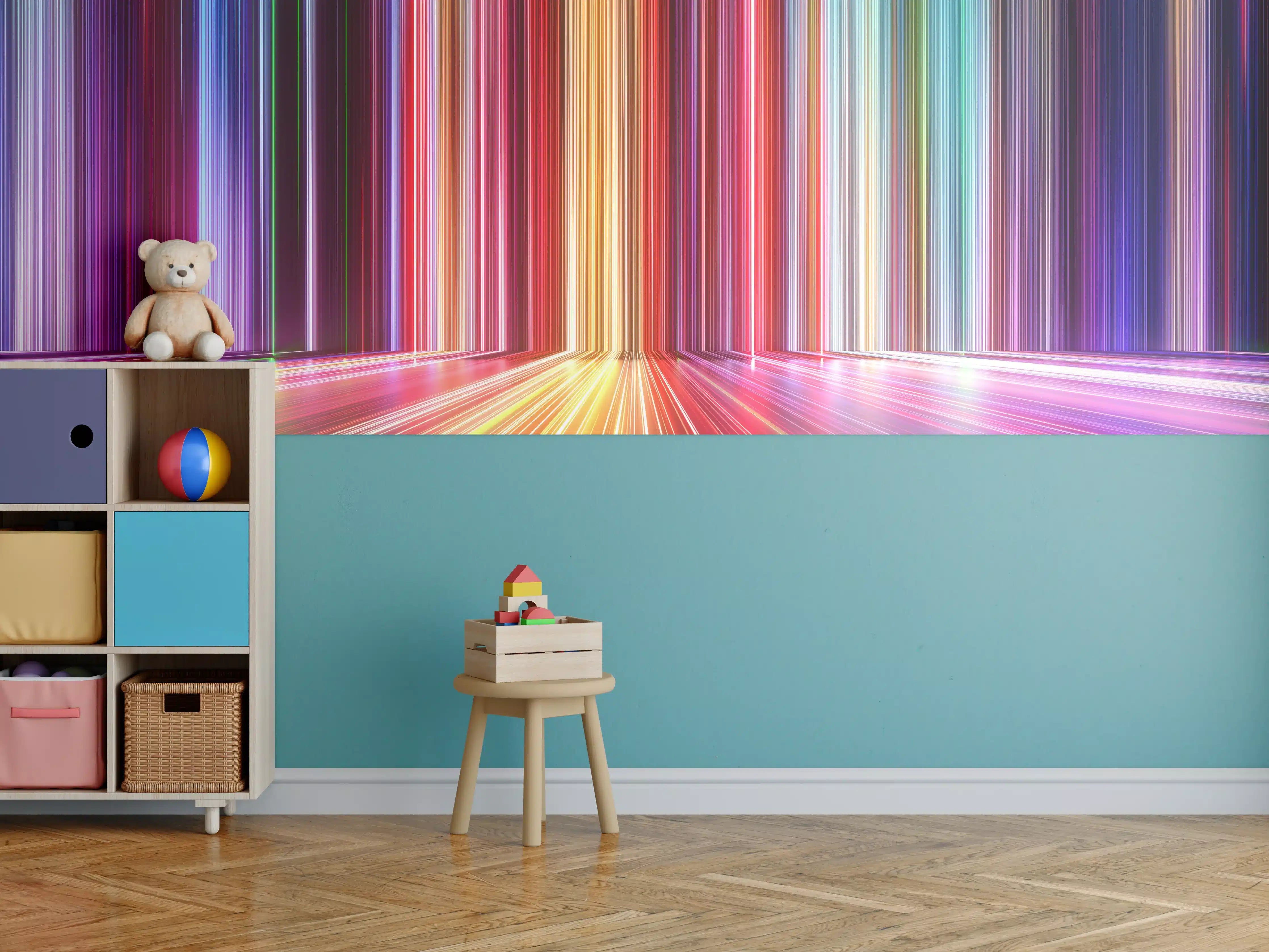 Kinderzimmer Wandgestaltung - Leuchtende Lichterstreifen in Regenbogenfarben