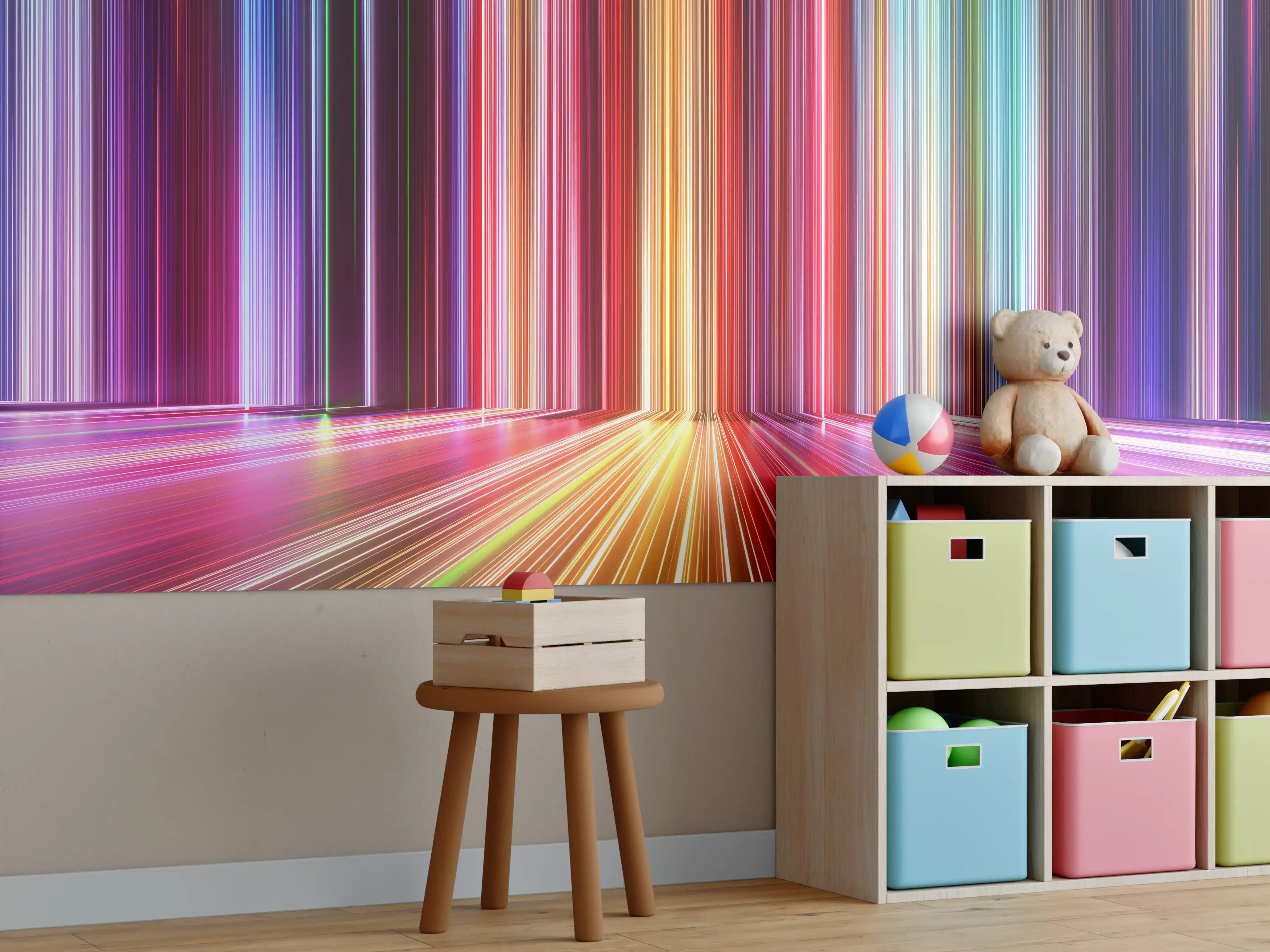 Kinderzimmer Wandgestaltung - Leuchtende Lichterstreifen in Regenbogenfarben