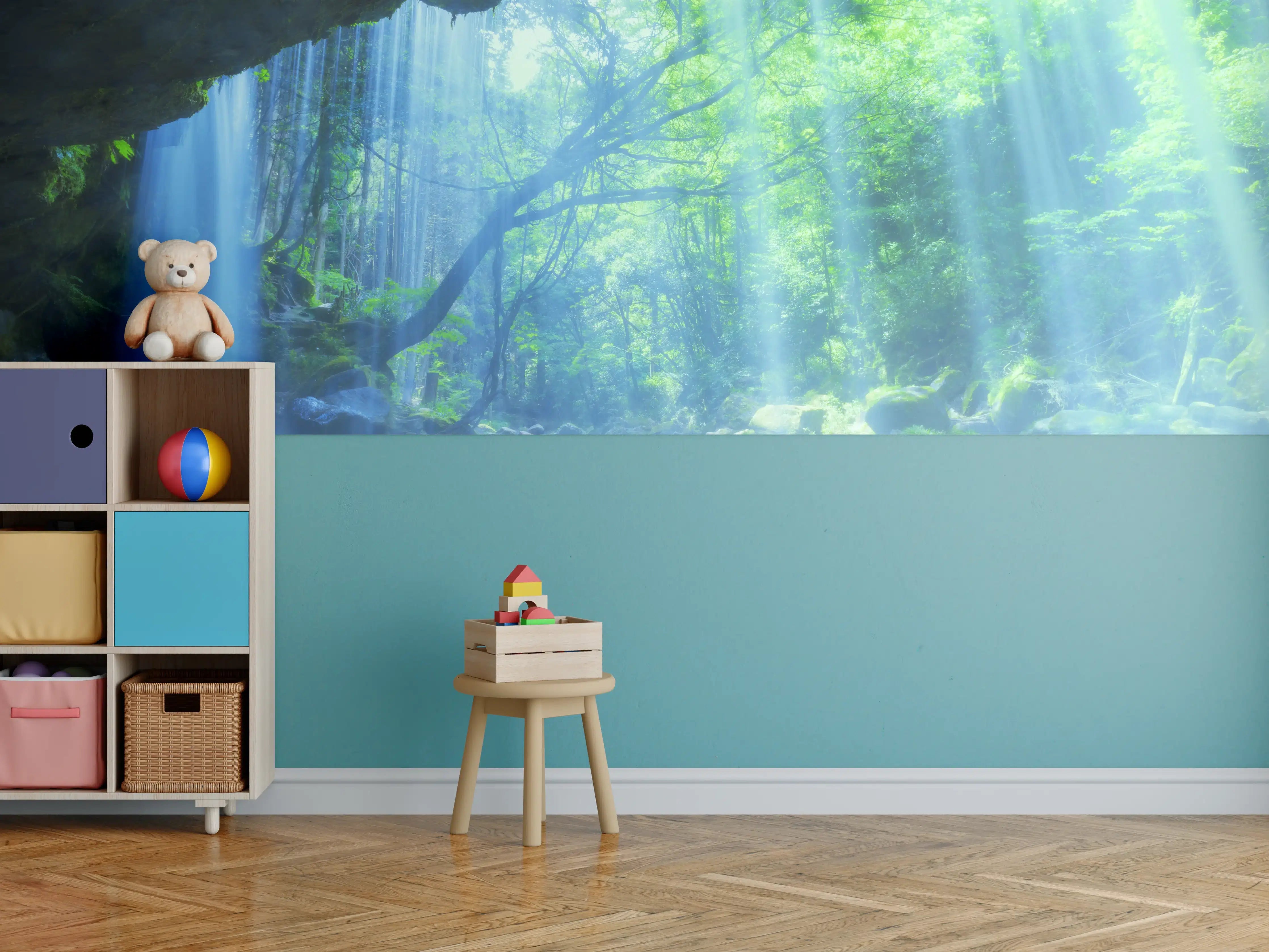 Kinderzimmer Wandgestaltung - Leuchtende Wasserfälle im grünen Dschungel