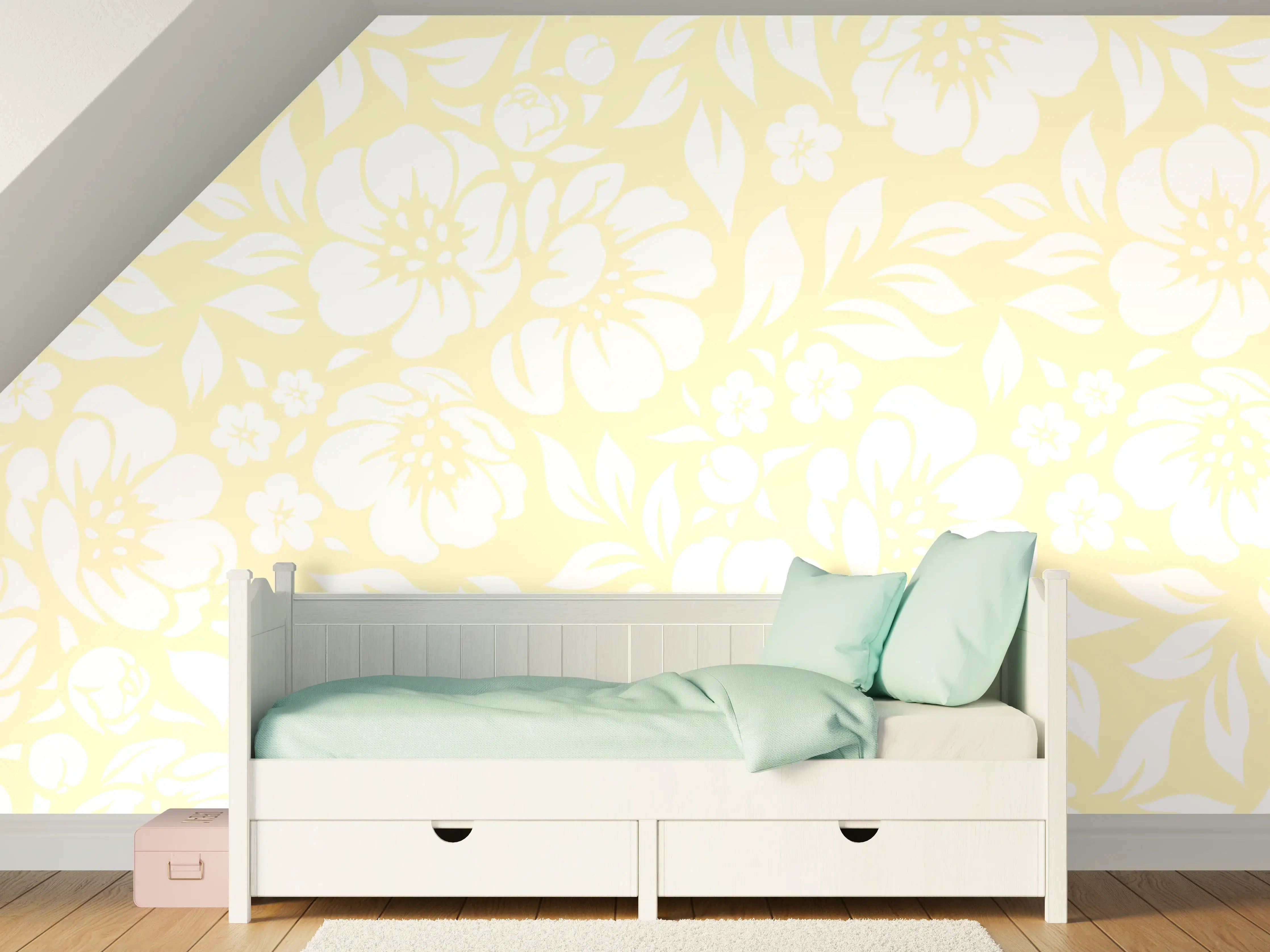 Kinderzimmer Wandgestaltung - Leuchtende florale Limone-Creme Muster