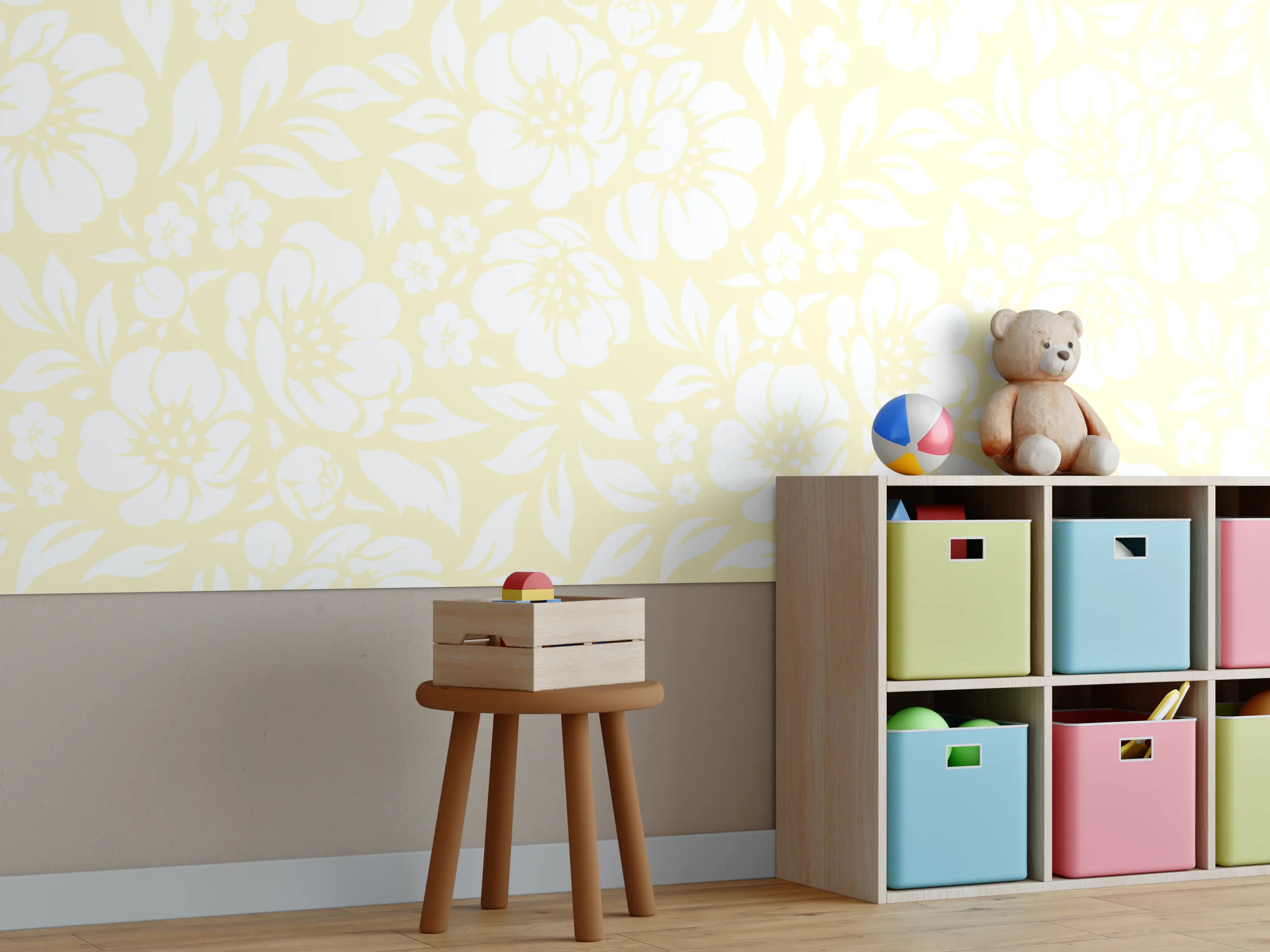 Kinderzimmer Wandgestaltung - Leuchtende florale Limone-Creme Muster
