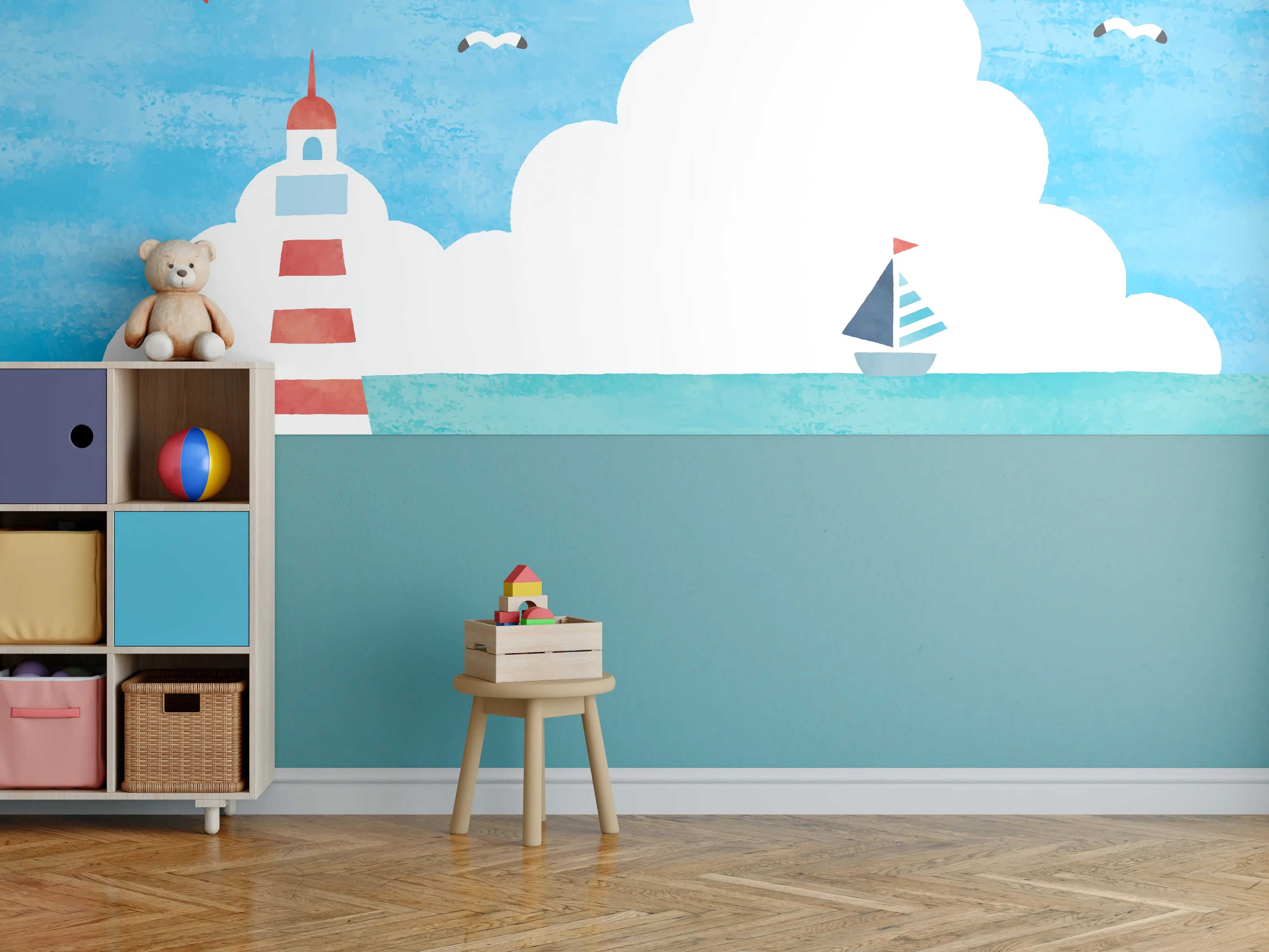 Kinderzimmer Wandgestaltung - Leuchtender Aquarell-Leuchtturm