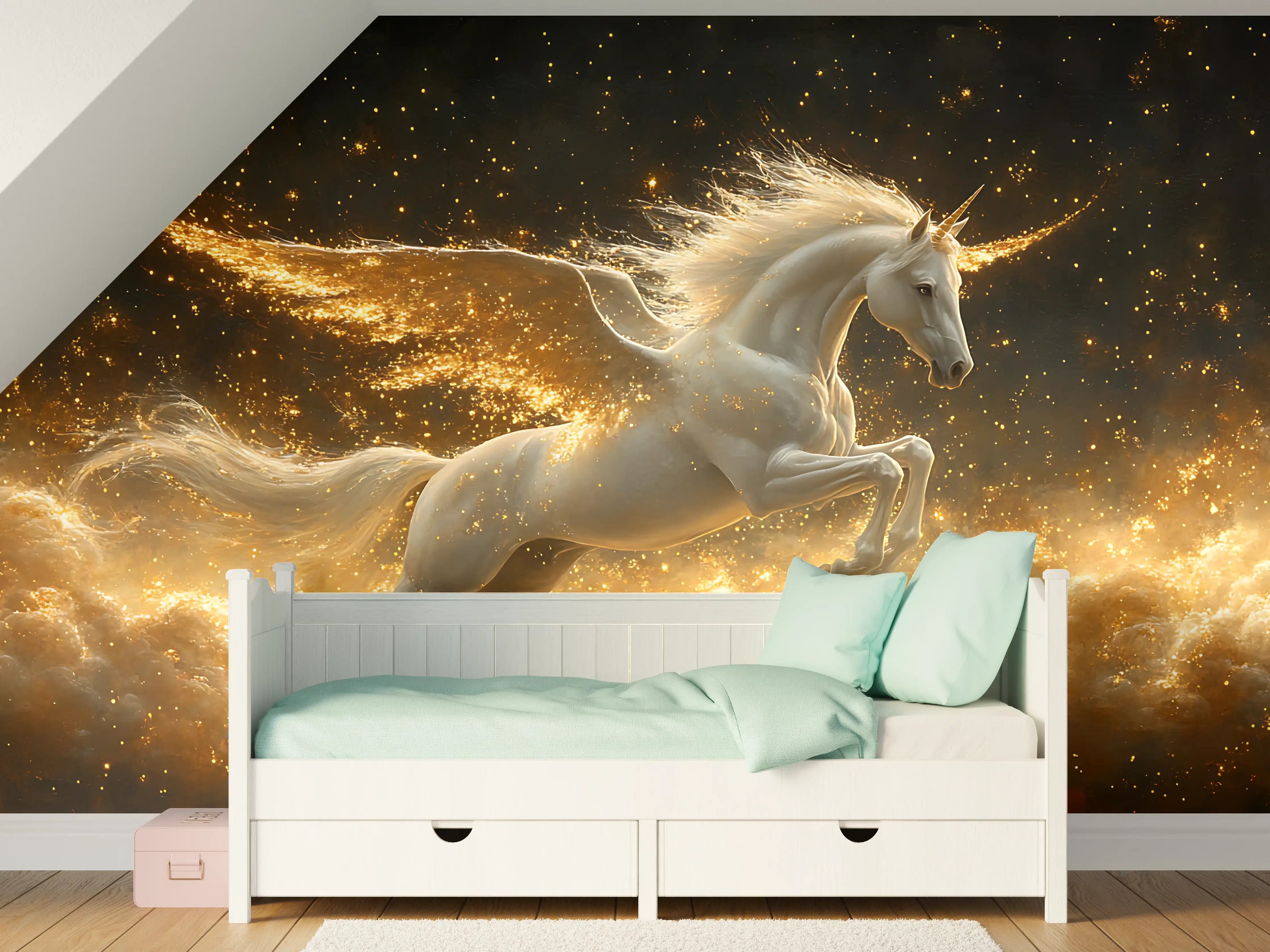 Kinderzimmer Wandgestaltung - Leuchtender Einhorn-Drache im magischen Himmel