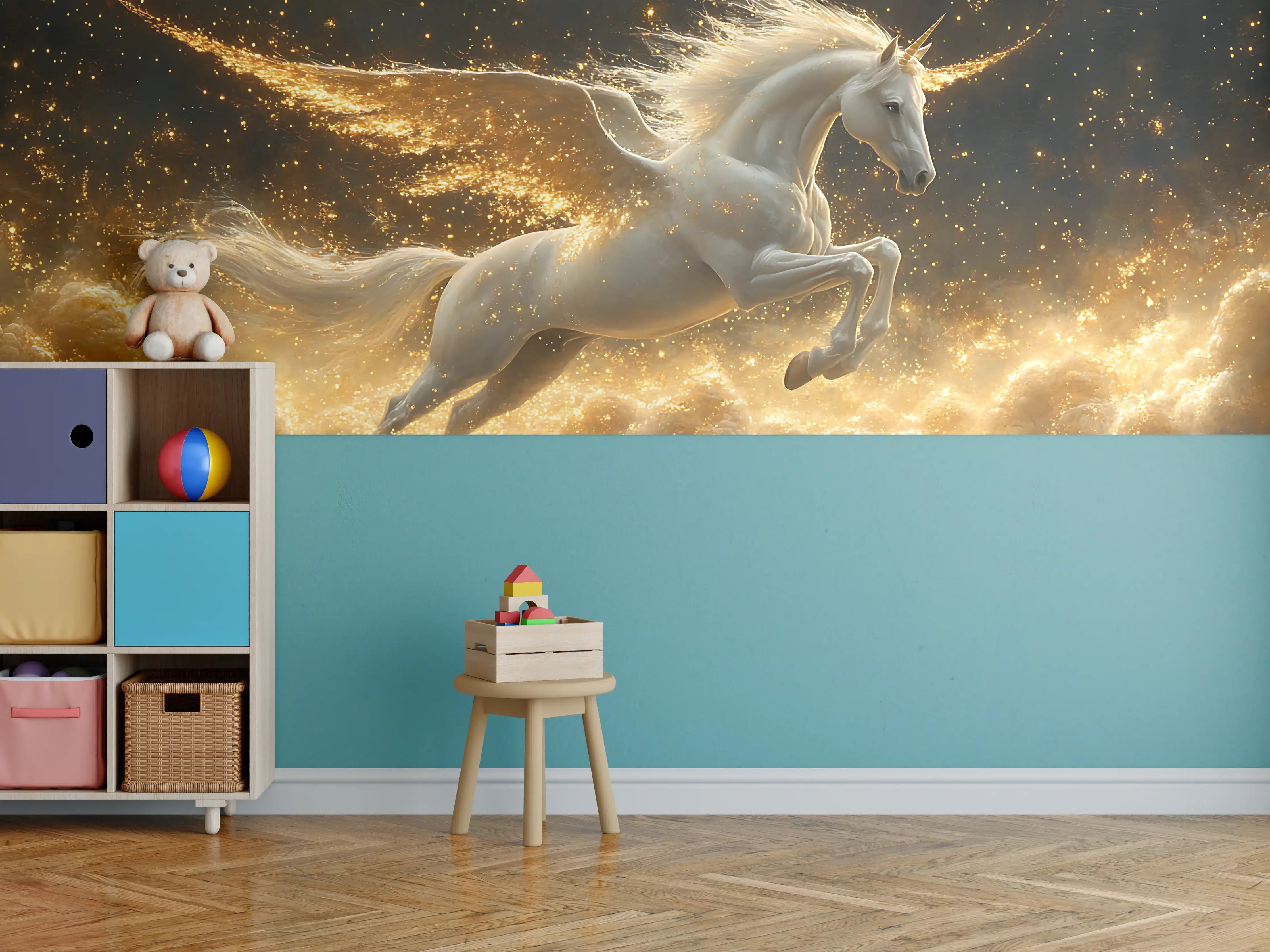 Kinderzimmer Wandgestaltung - Leuchtender Einhorn-Drache im magischen Himmel