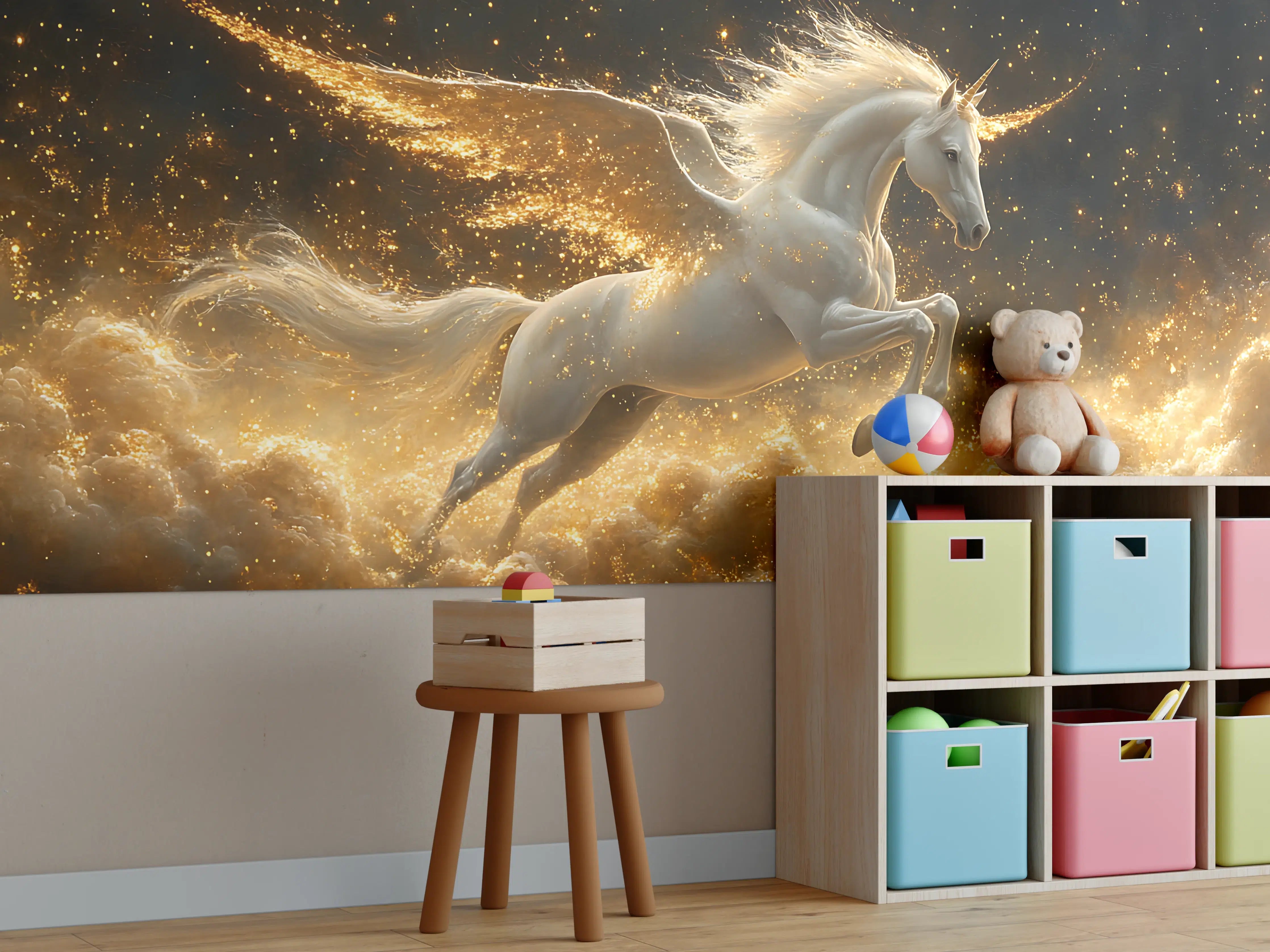 Kinderzimmer Wandgestaltung - Leuchtender Einhorn-Drache im magischen Himmel