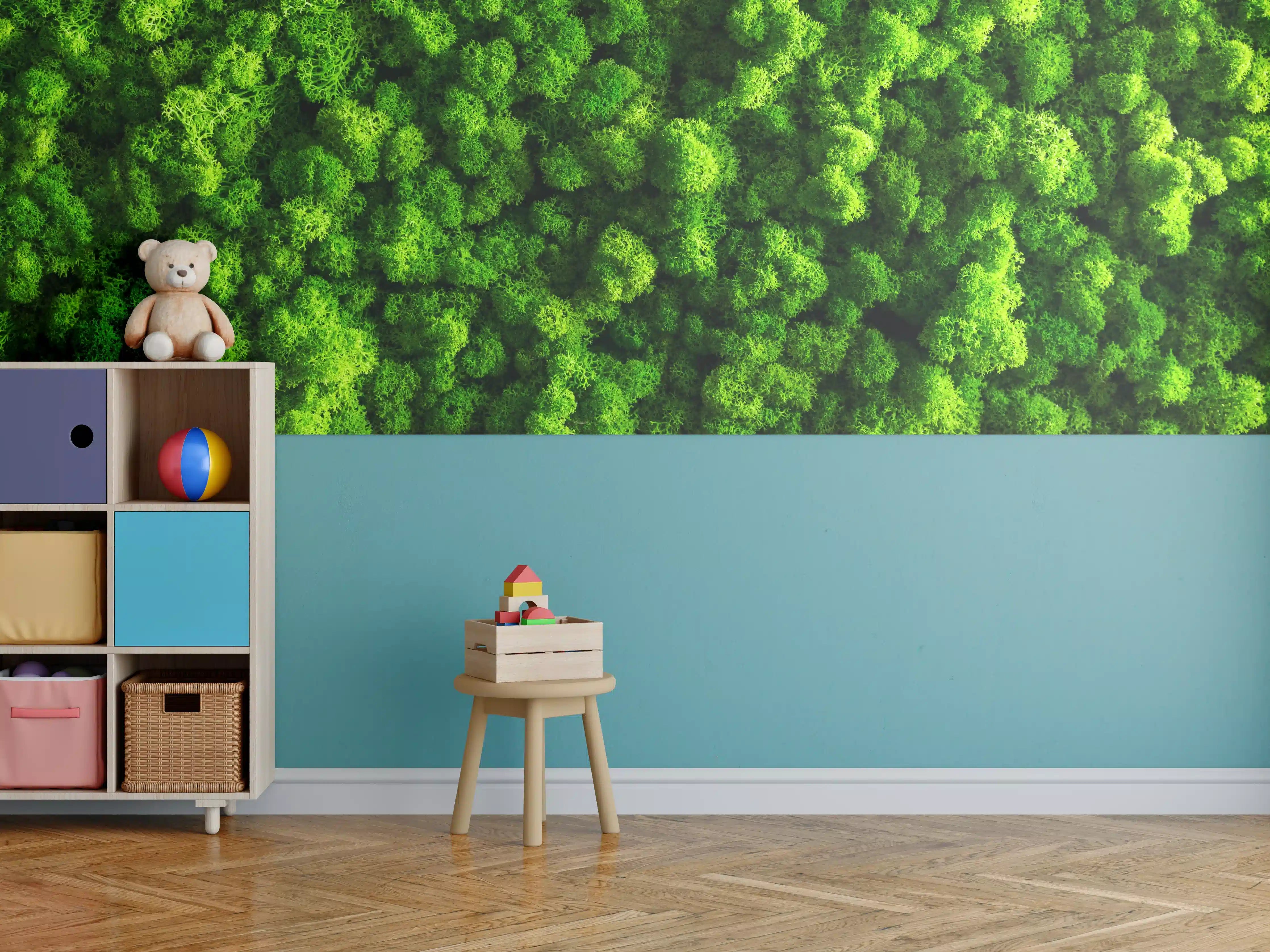 Kinderzimmer Wandgestaltung - Leuchtendes Grünes Moos in Nahaufnahme