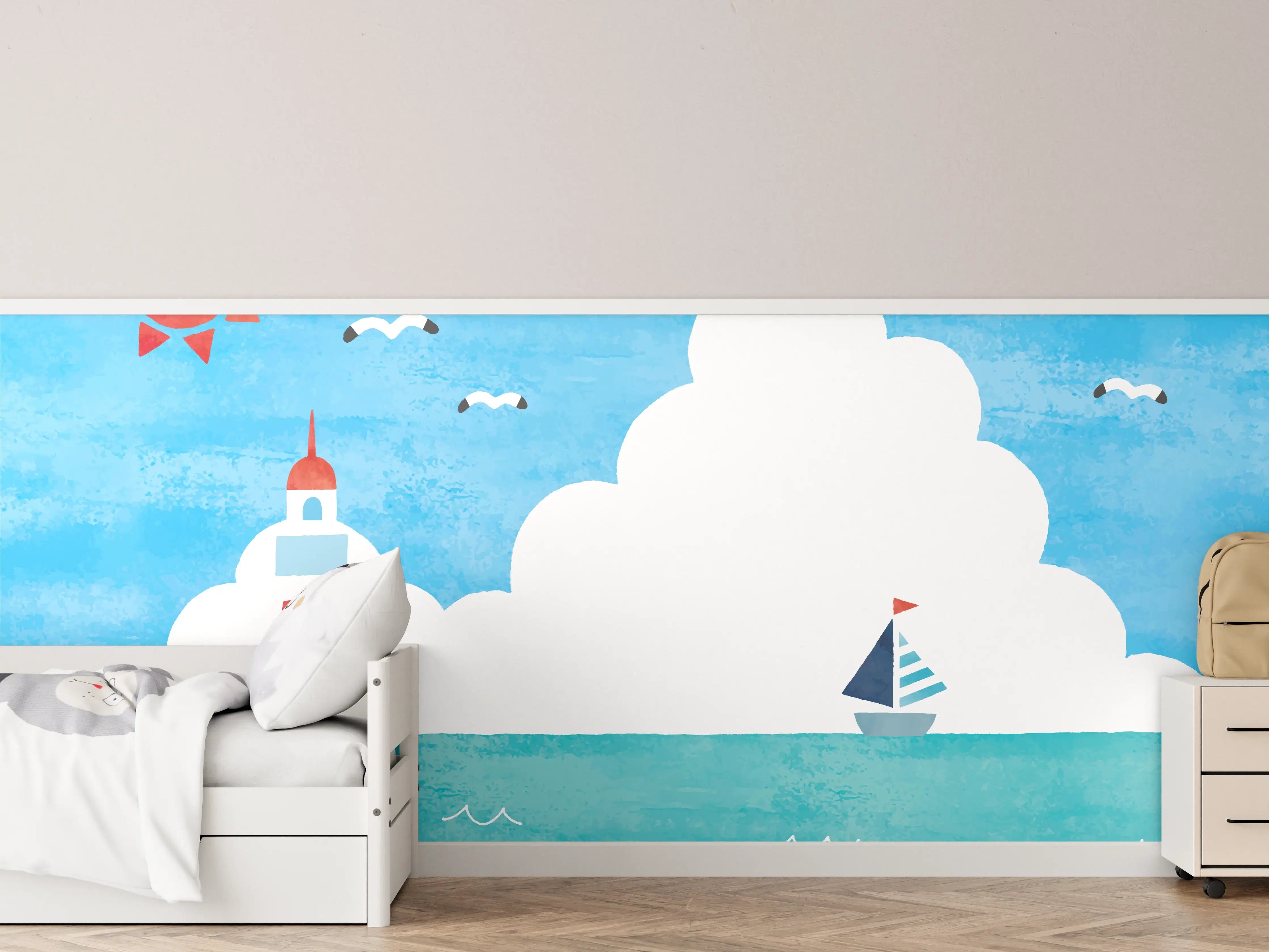Kinderzimmer Wandgestaltung - Leuchtturm Aquarell Meer