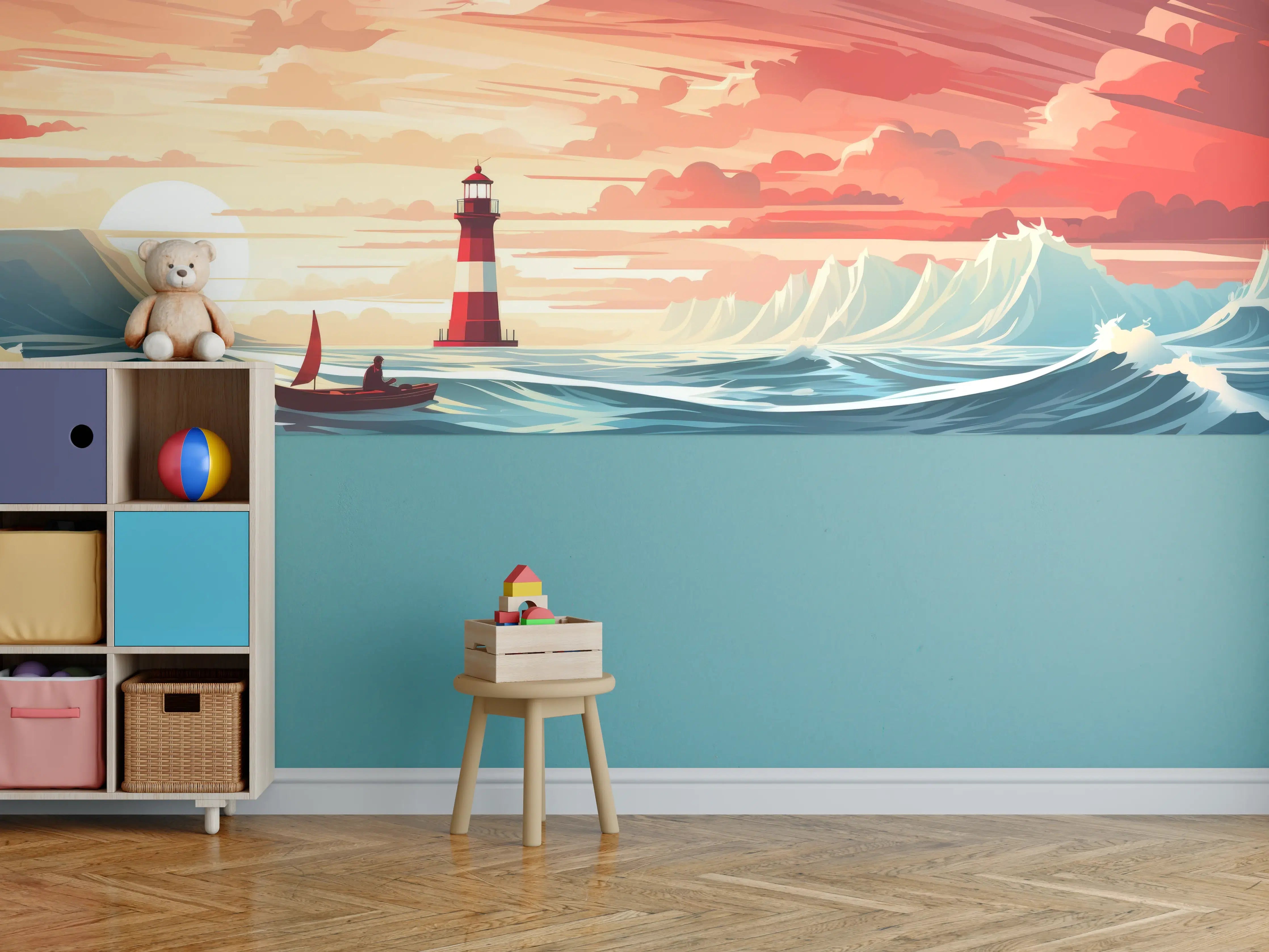 Kinderzimmer Wandgestaltung - Leuchtturm am Sonnenuntergang