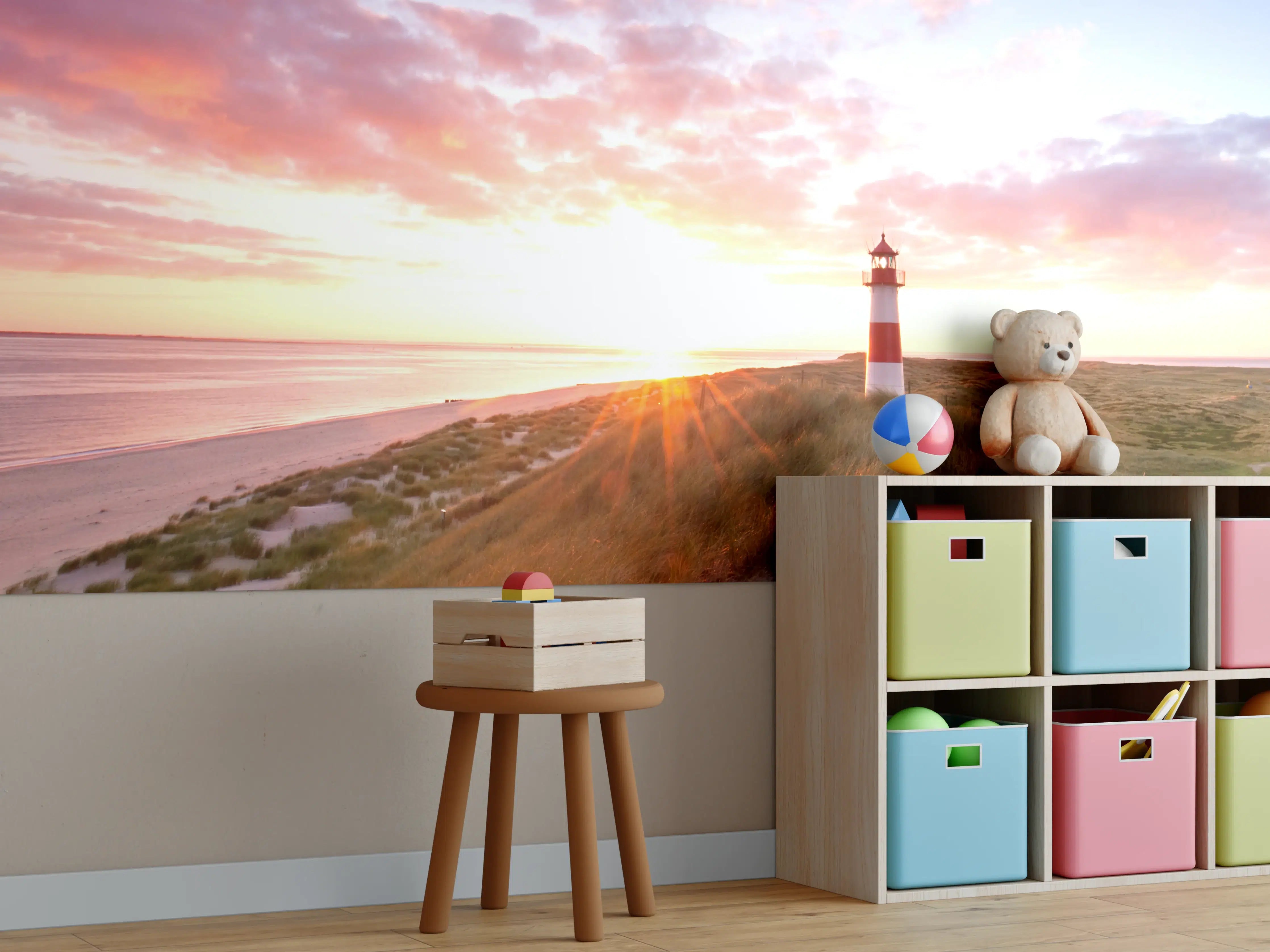 Kinderzimmer Wandgestaltung - Leuchtturm im silbernen Dämmerlicht