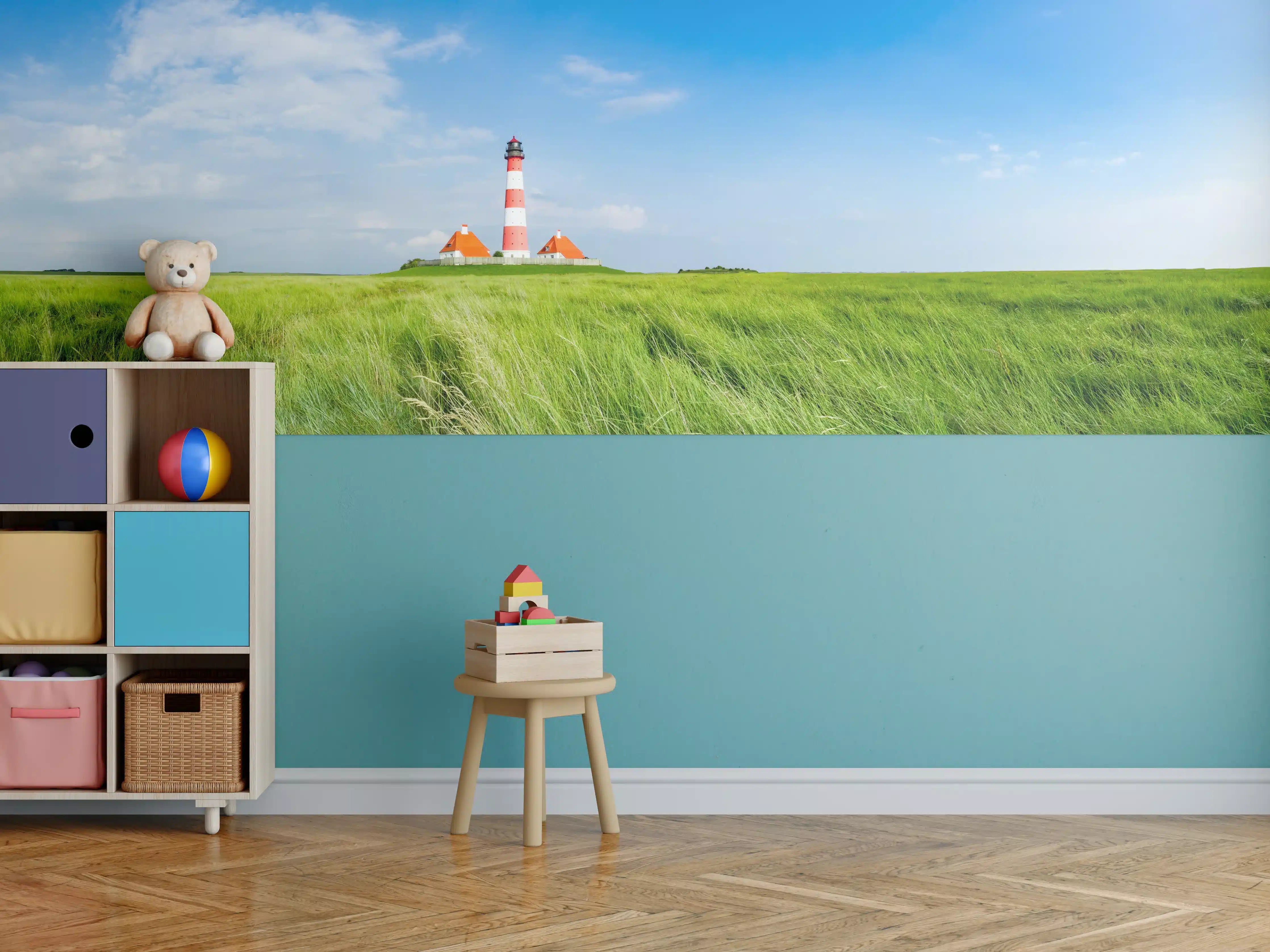 Kinderzimmer Wandgestaltung - Leuchtturm in der grünen Landschaft