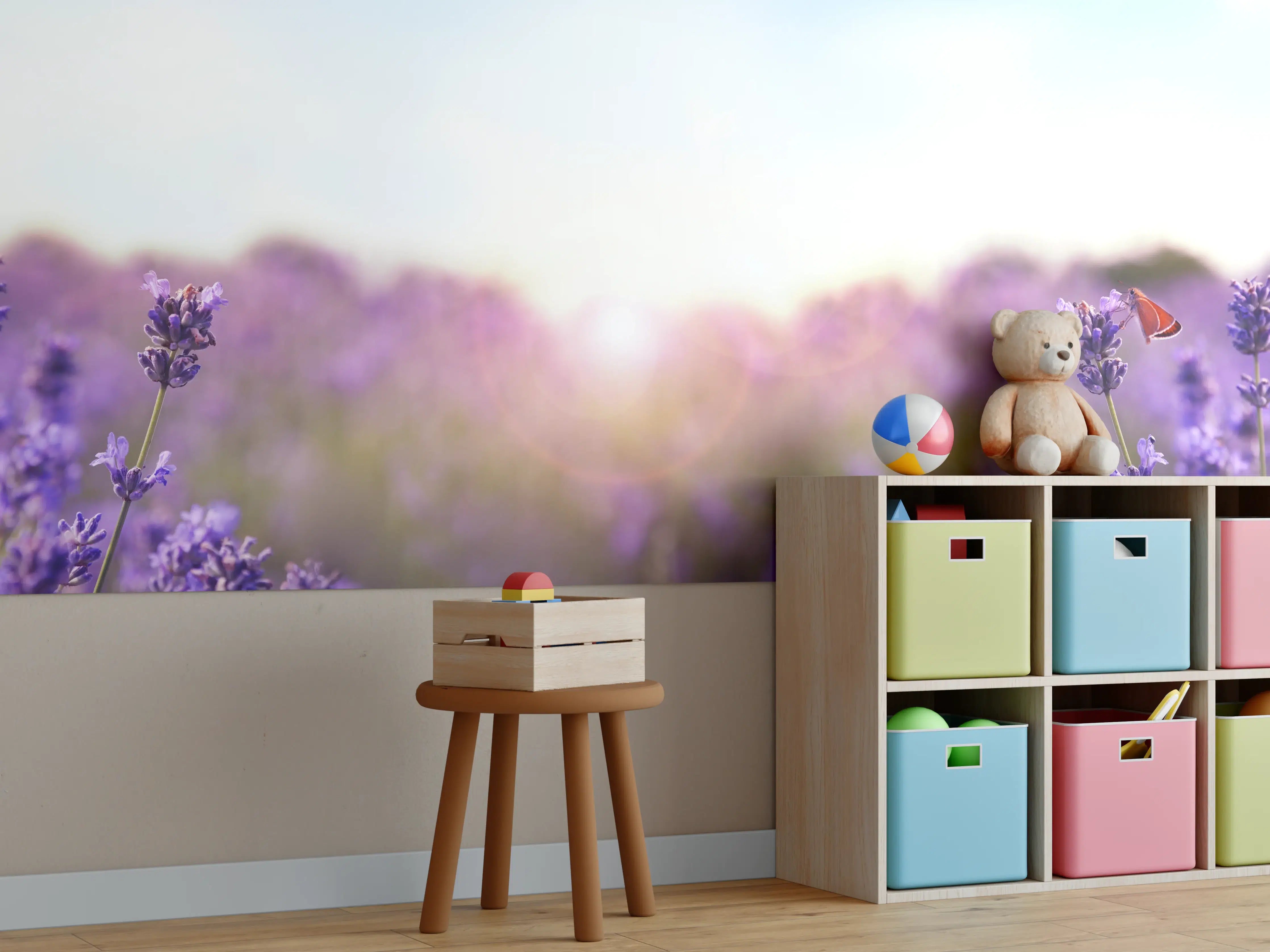 Kinderzimmer Wandgestaltung - Lila Lavendelfeld im Morgenlicht