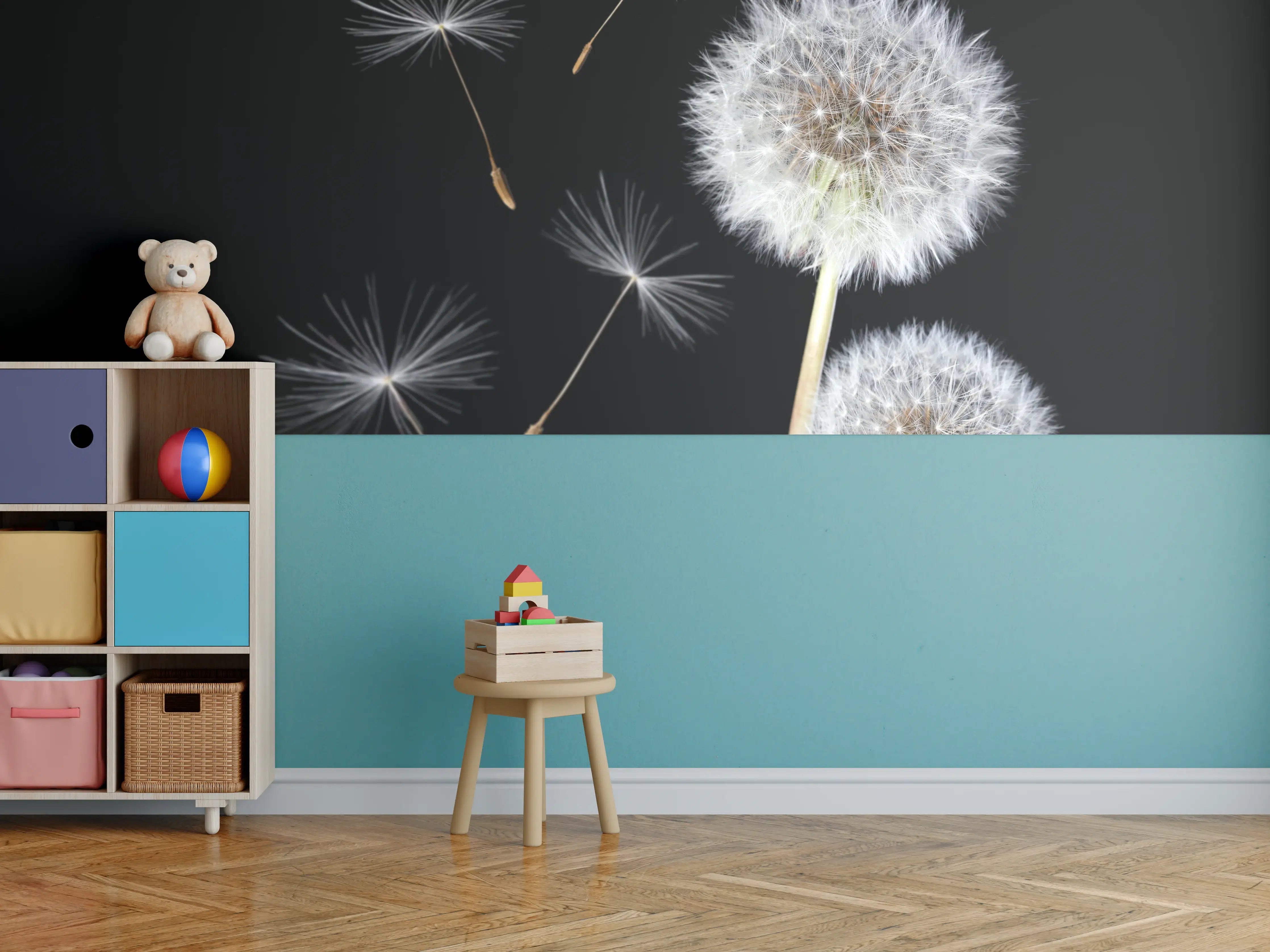 Kinderzimmer Wandgestaltung - Löwenzahn auf schwarzem Hintergrund