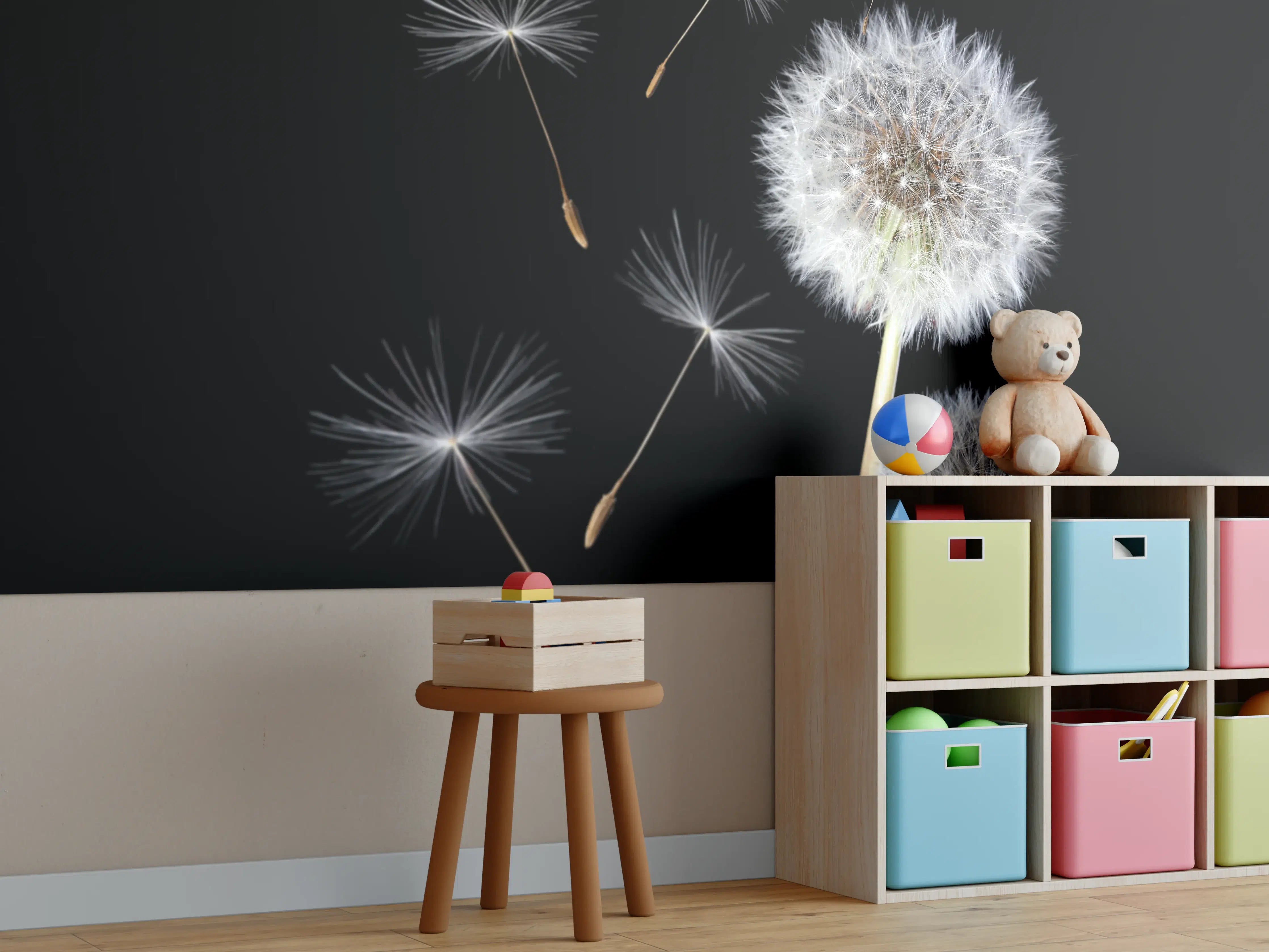 Kinderzimmer Wandgestaltung - Löwenzahn auf schwarzem Hintergrund