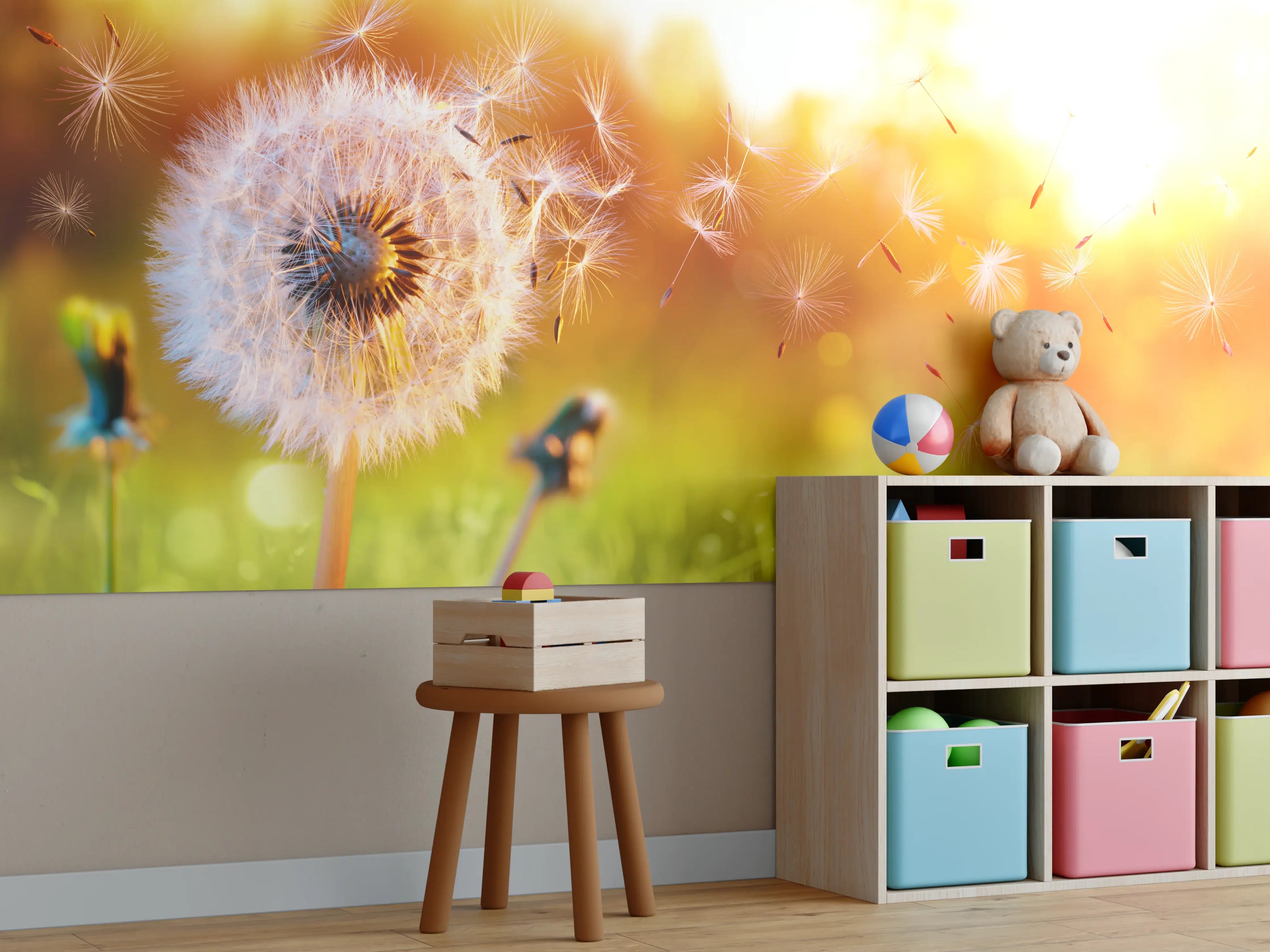Kinderzimmer Wandgestaltung - Löwenzahn im Feld bei Sonnenuntergang
