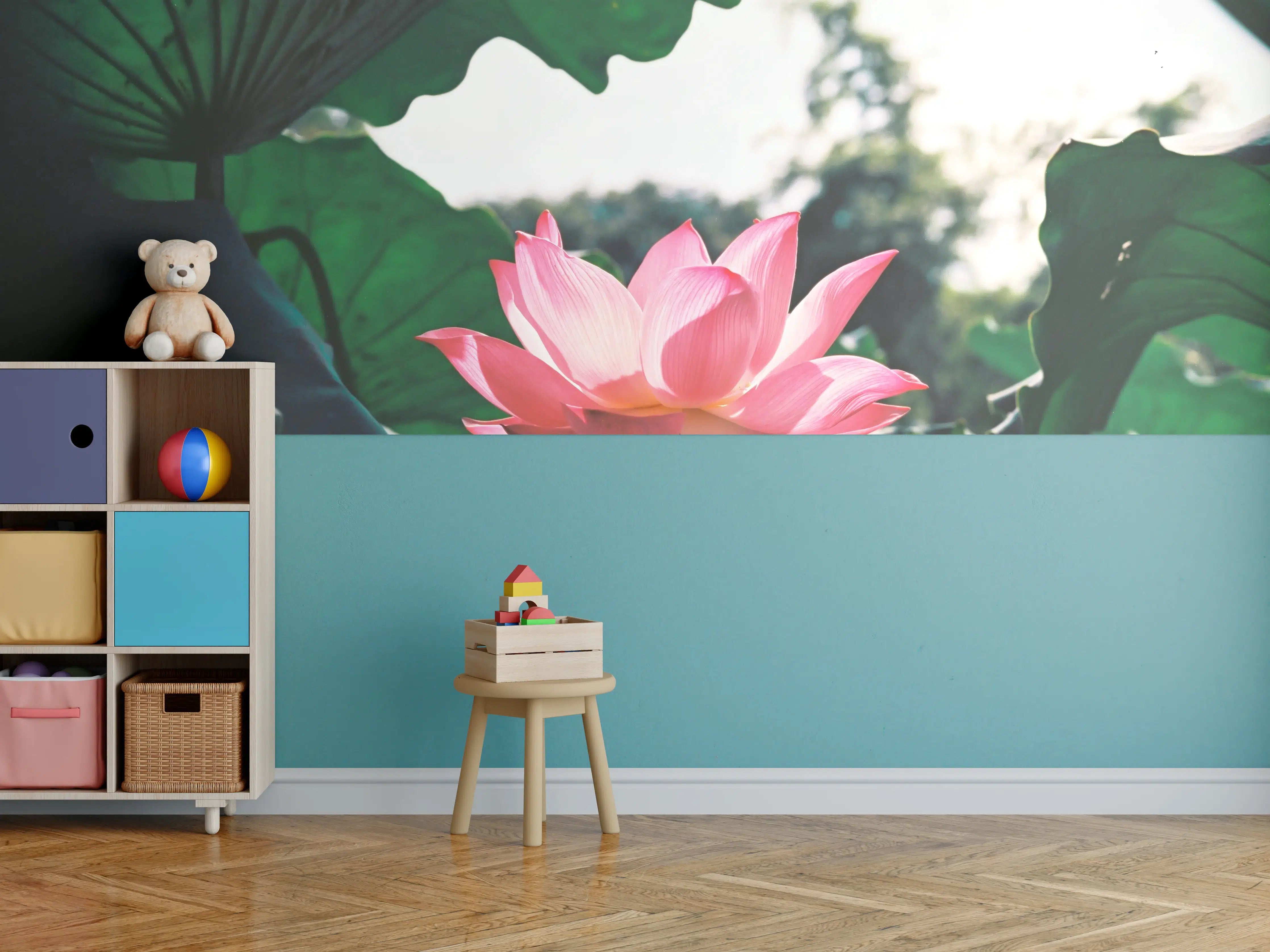 Kinderzimmer Wandgestaltung - Lotosblume inmitten von Blättern