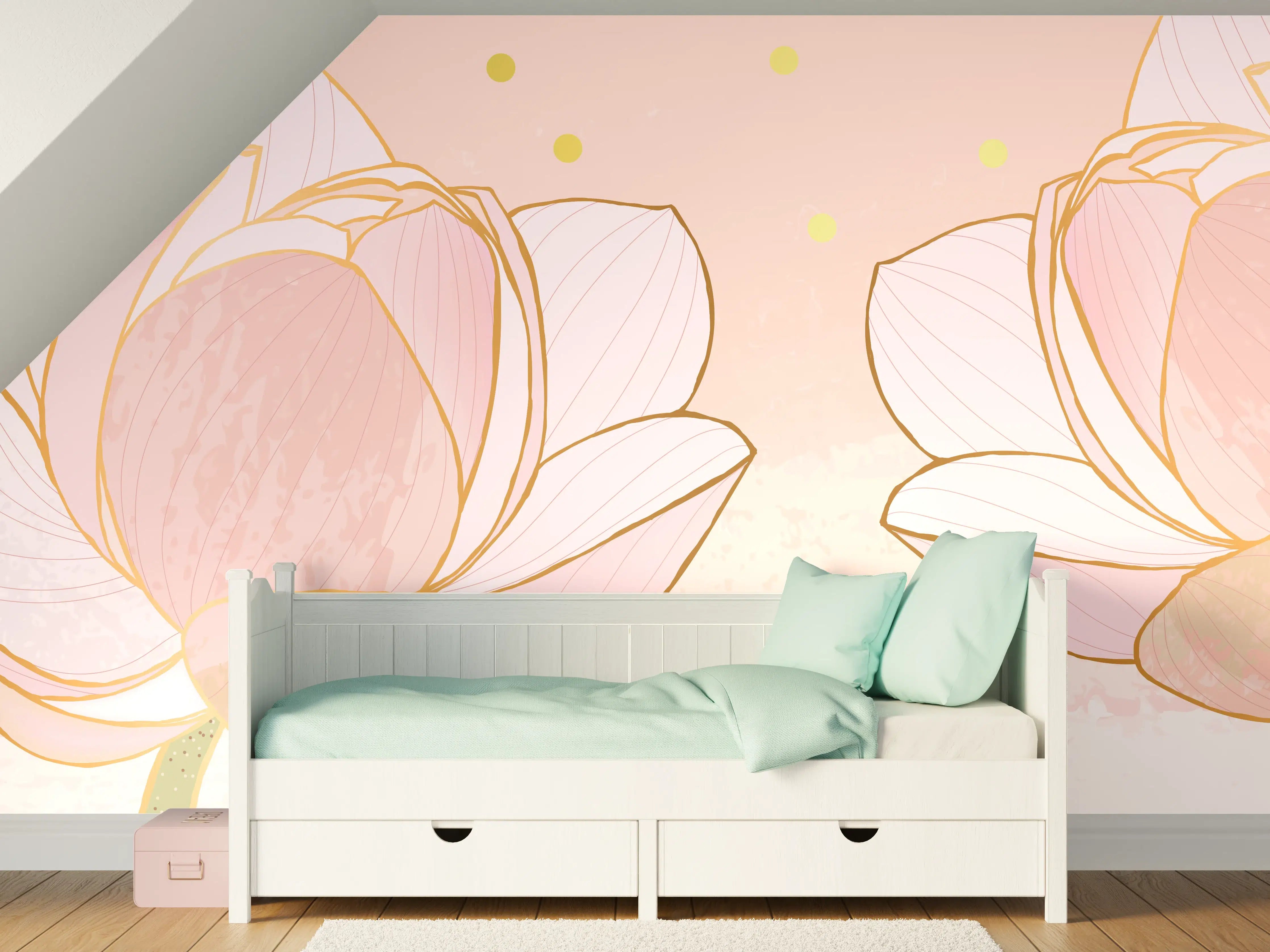 Kinderzimmer Wandgestaltung - Lotusblüte Rosa Gold Akzente