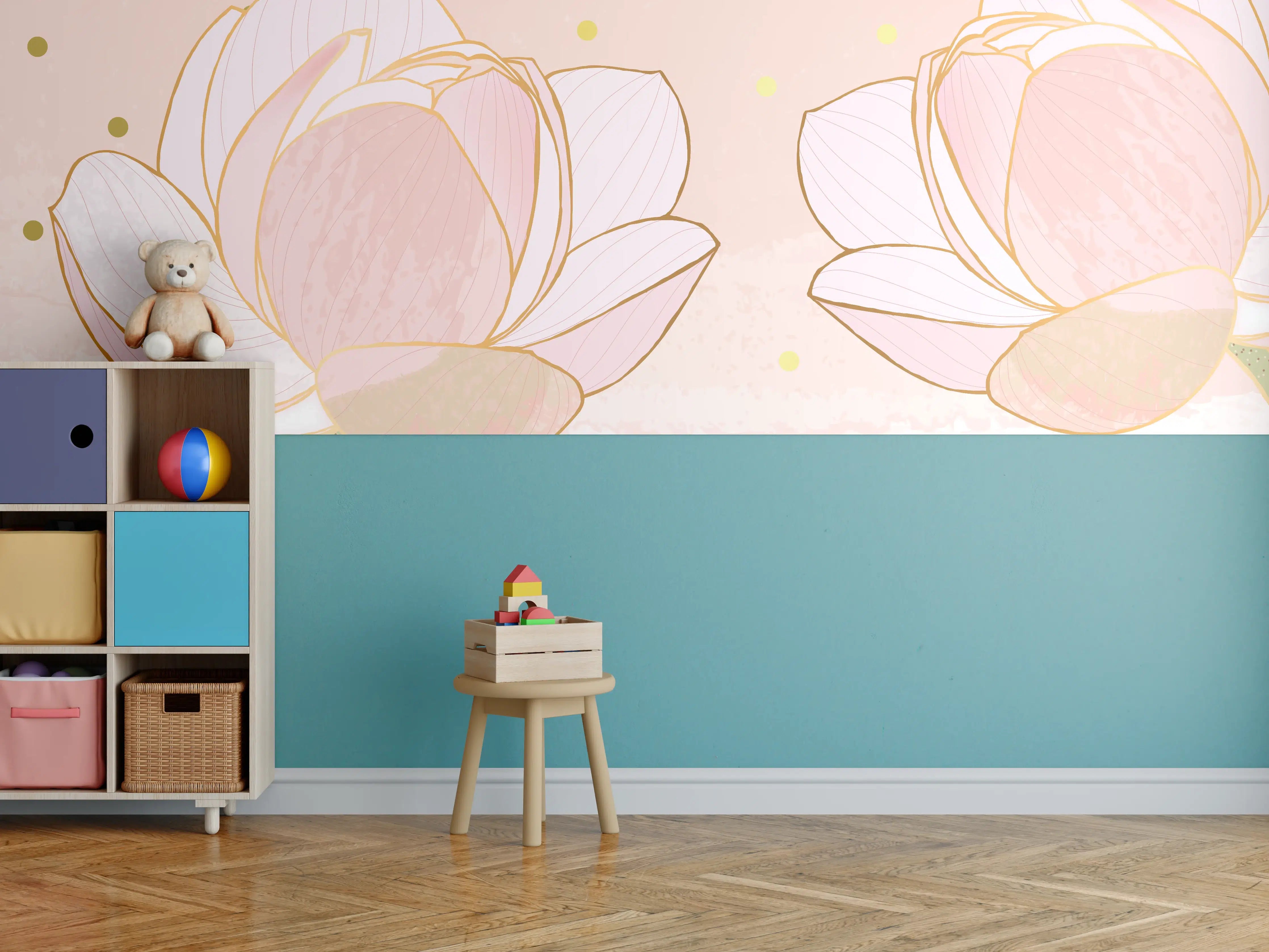 Kinderzimmer Wandgestaltung - Lotusblüte Rosa Gold Akzente