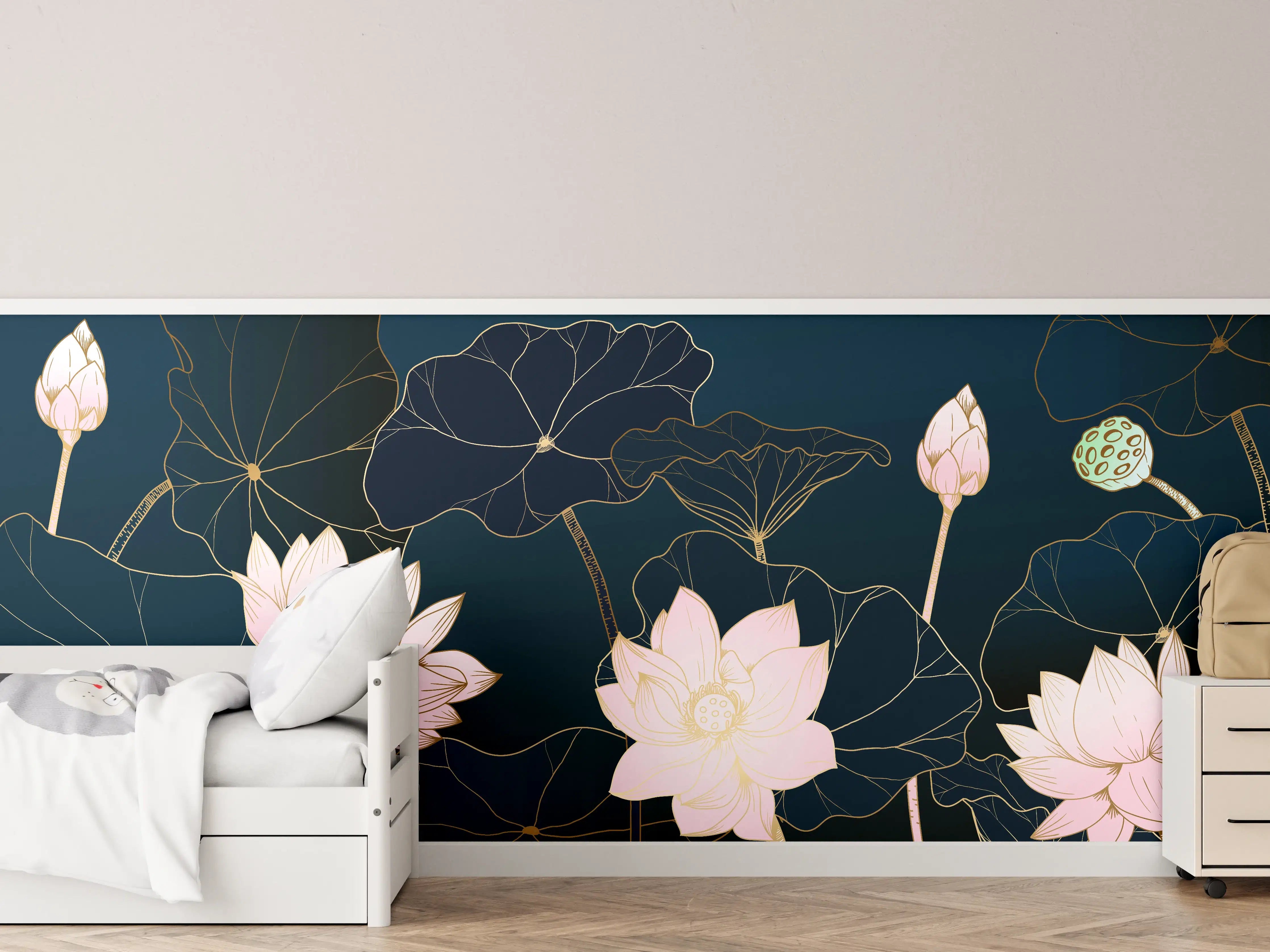 Kinderzimmer Wandgestaltung - Lotusblüten Nachtblau Illustration
