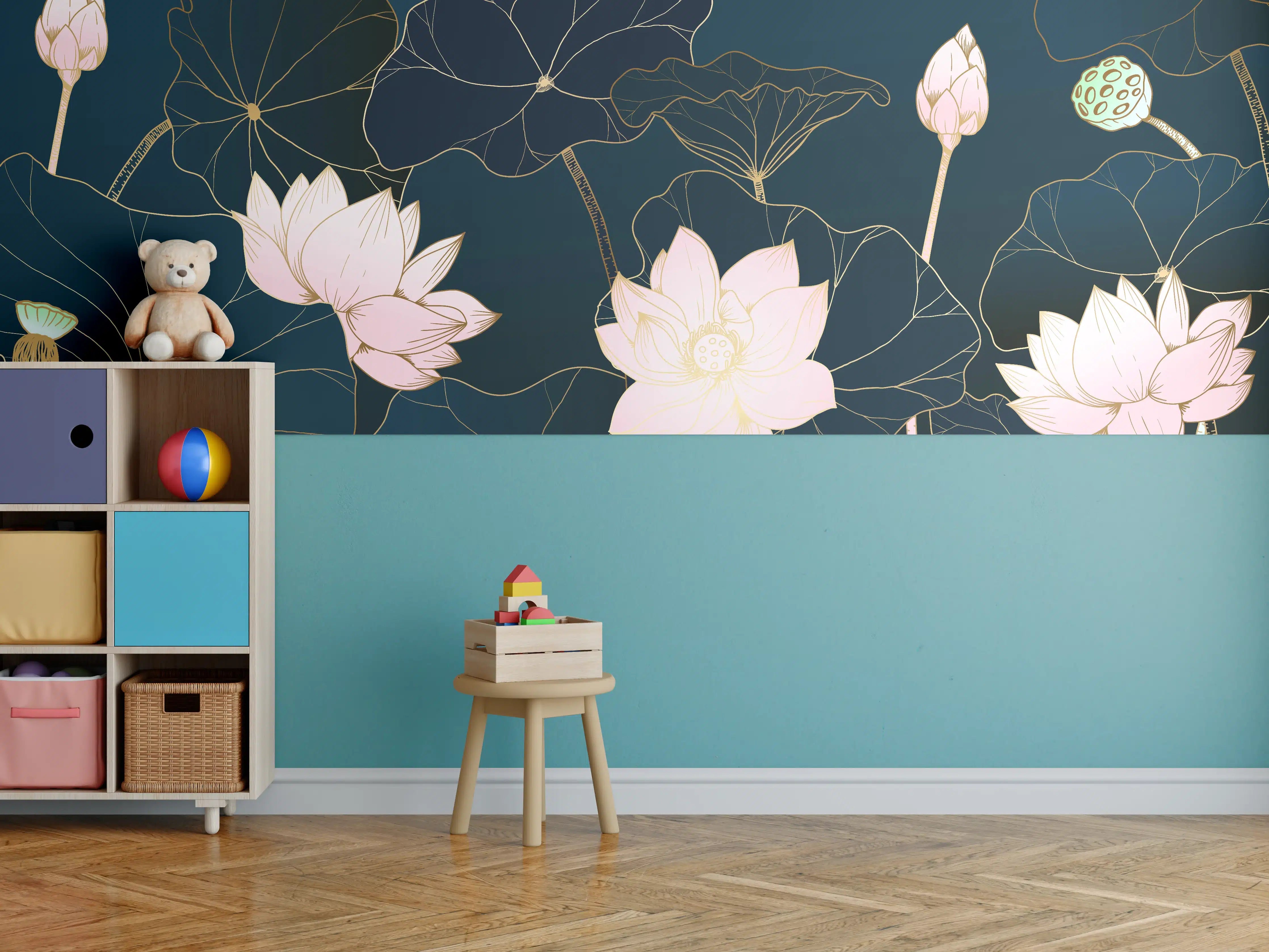 Kinderzimmer Wandgestaltung - Lotusblüten Nachtblau Illustration
