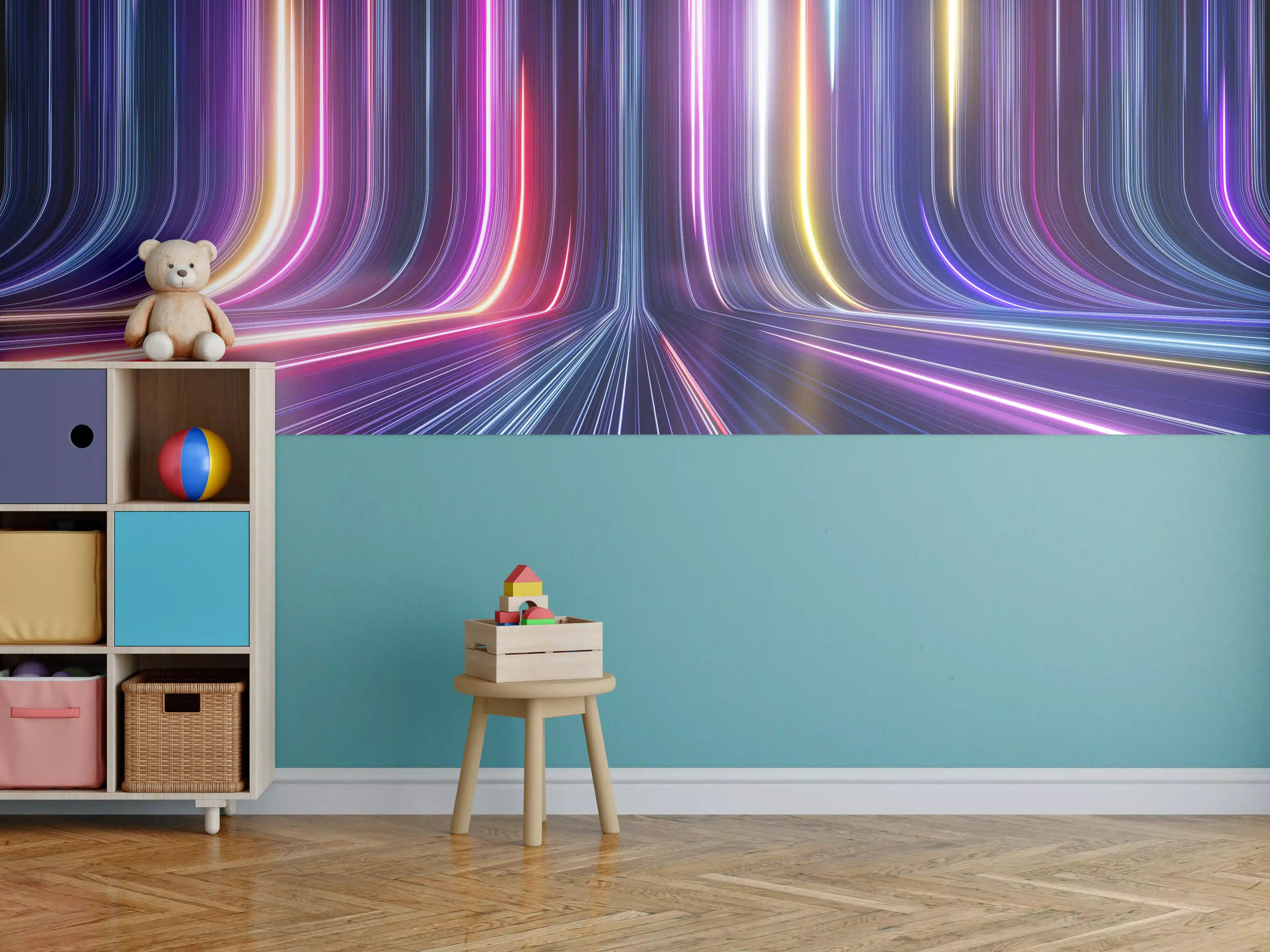 Kinderzimmer Wandgestaltung - Lumineszierende Lichtstrahlen in Neonfarben