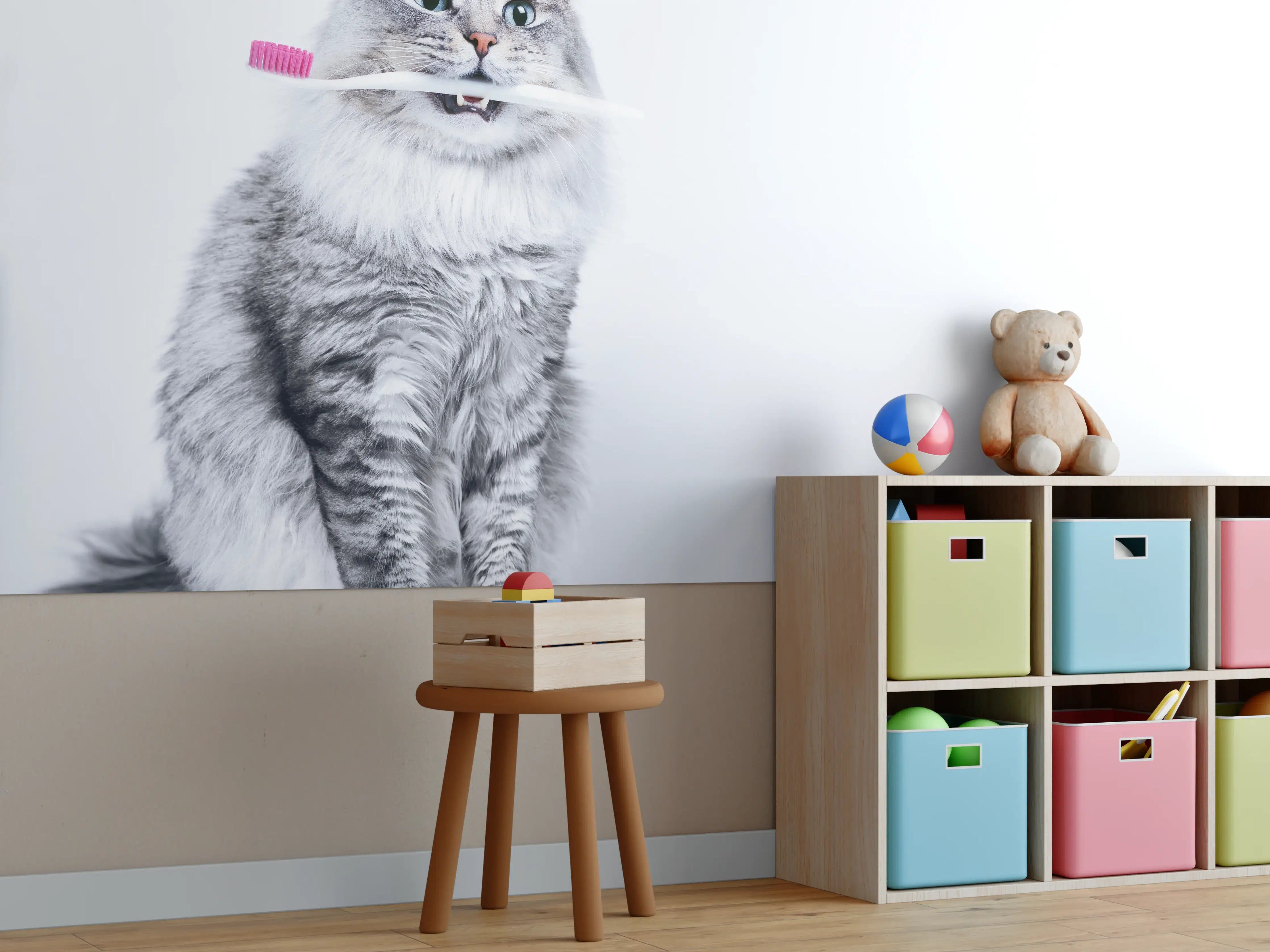 Kinderzimmer Wandgestaltung - Lustige Katze mit Zahnbürste