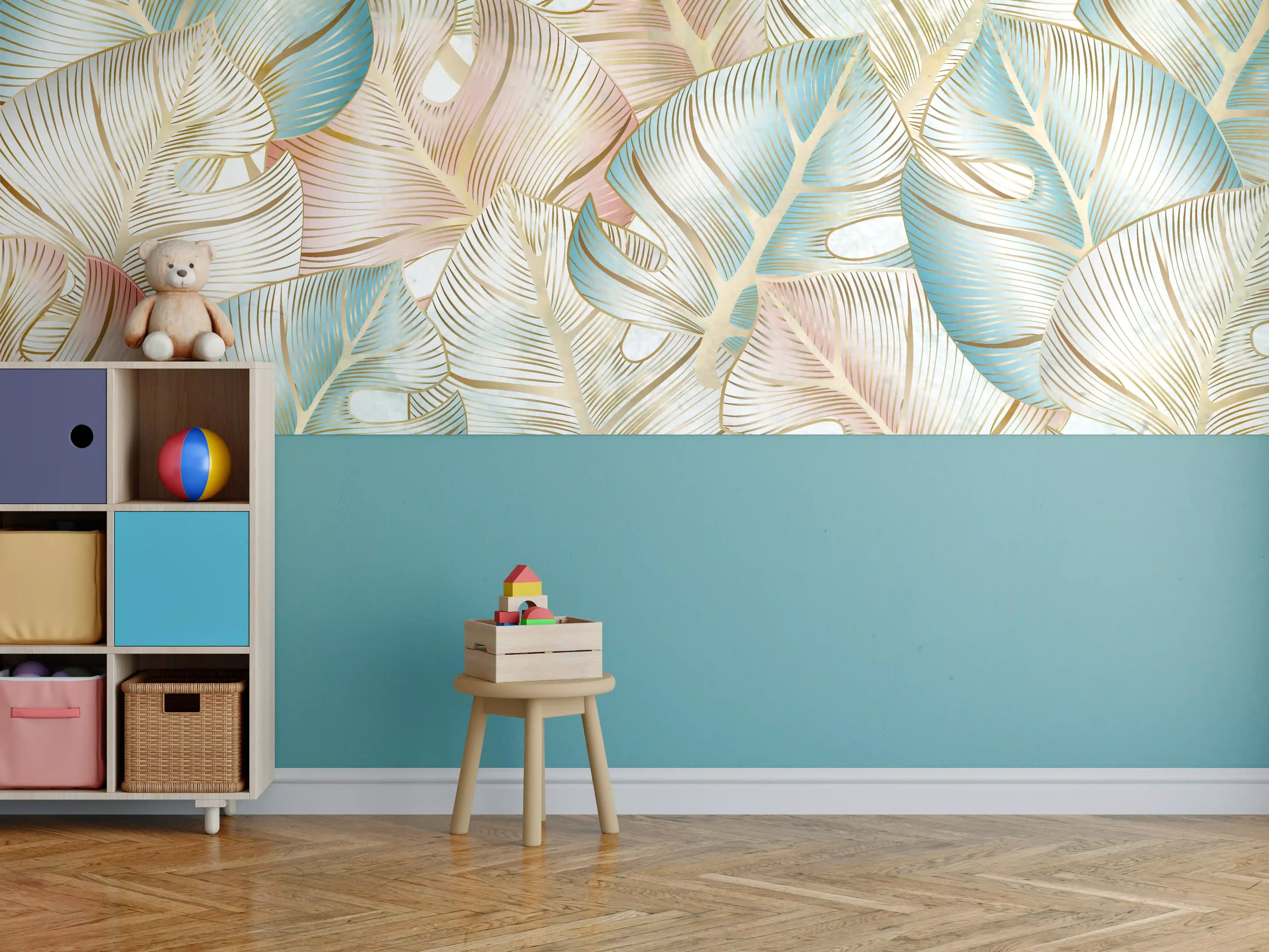 Kinderzimmer Wandgestaltung - Luxuriöse Palmblätter mit sanften Pastelltönen
