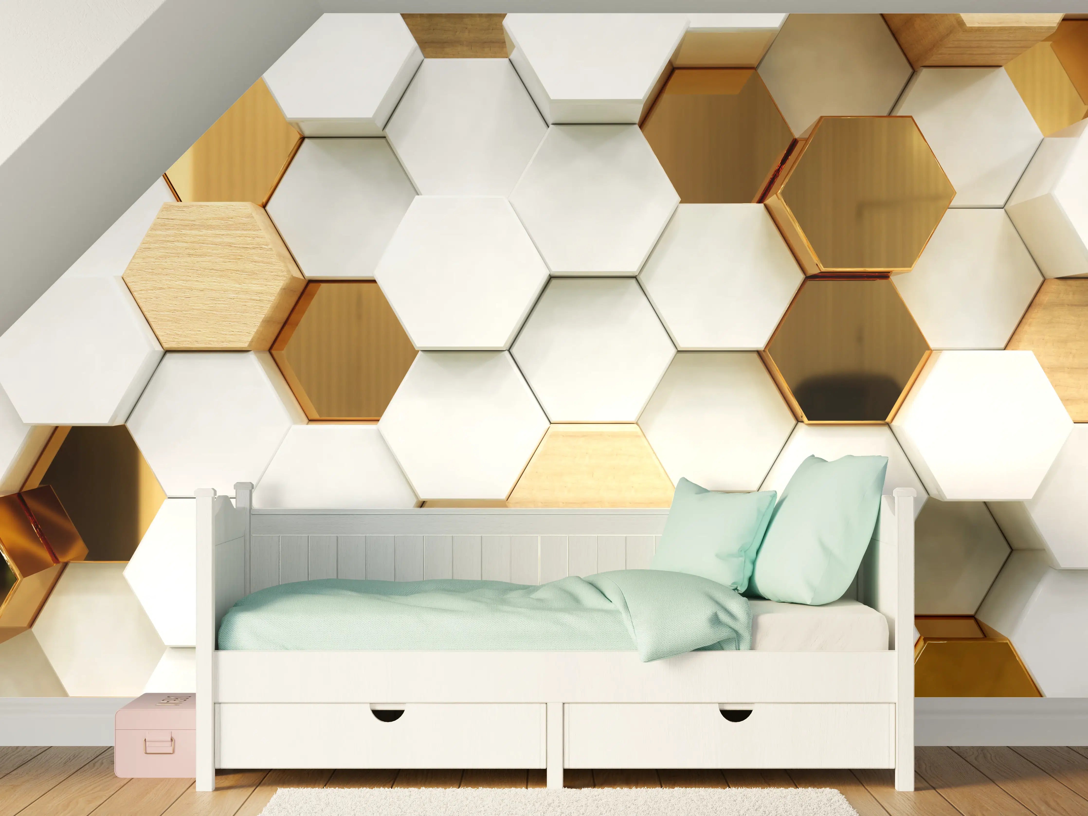Kinderzimmer Wandgestaltung - Luxuriöser Weiß-Gold-Hexagon-Hintergrund