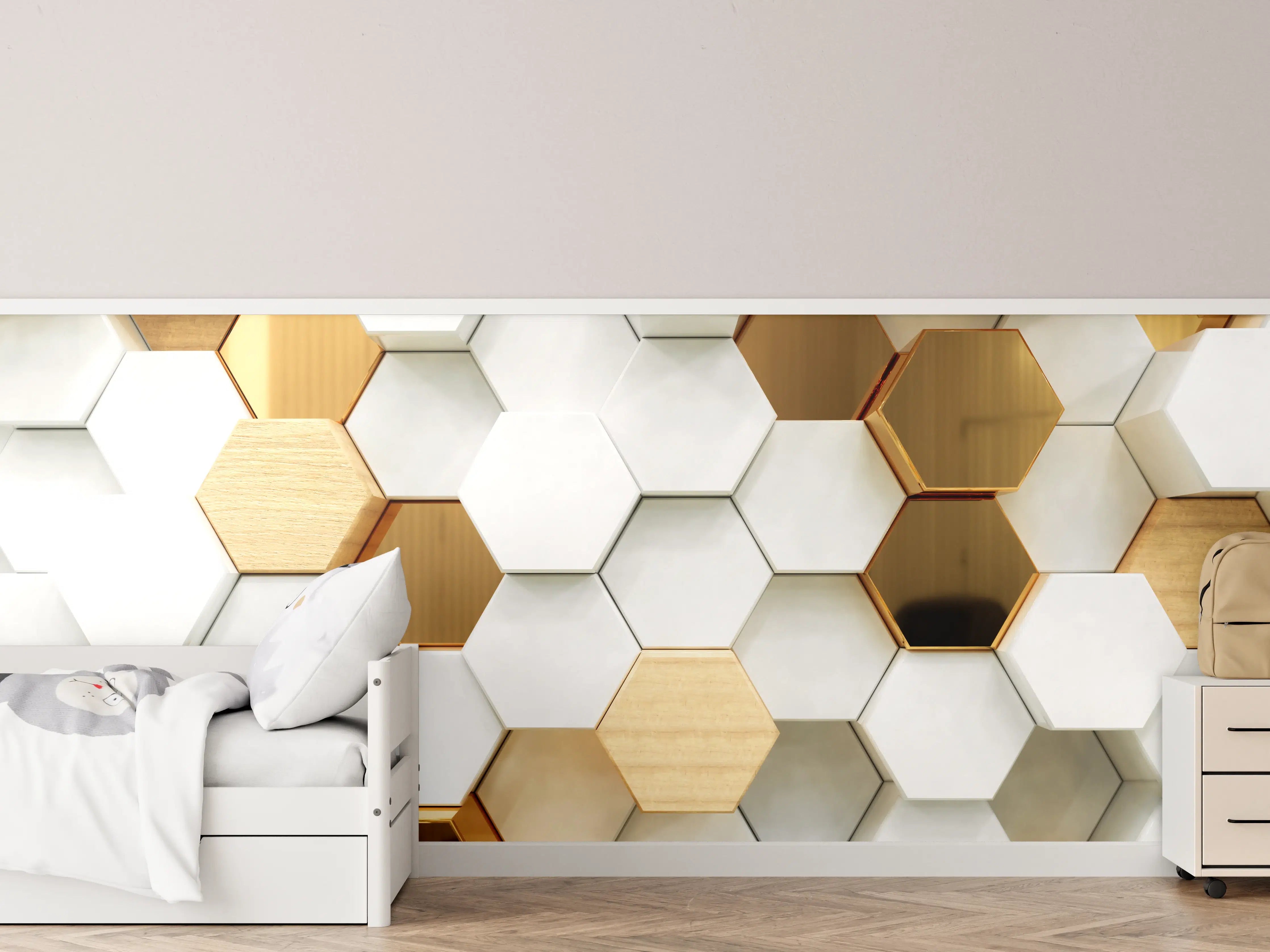 Kinderzimmer Wandgestaltung - Luxuriöser Weiß-Gold-Hexagon-Hintergrund
