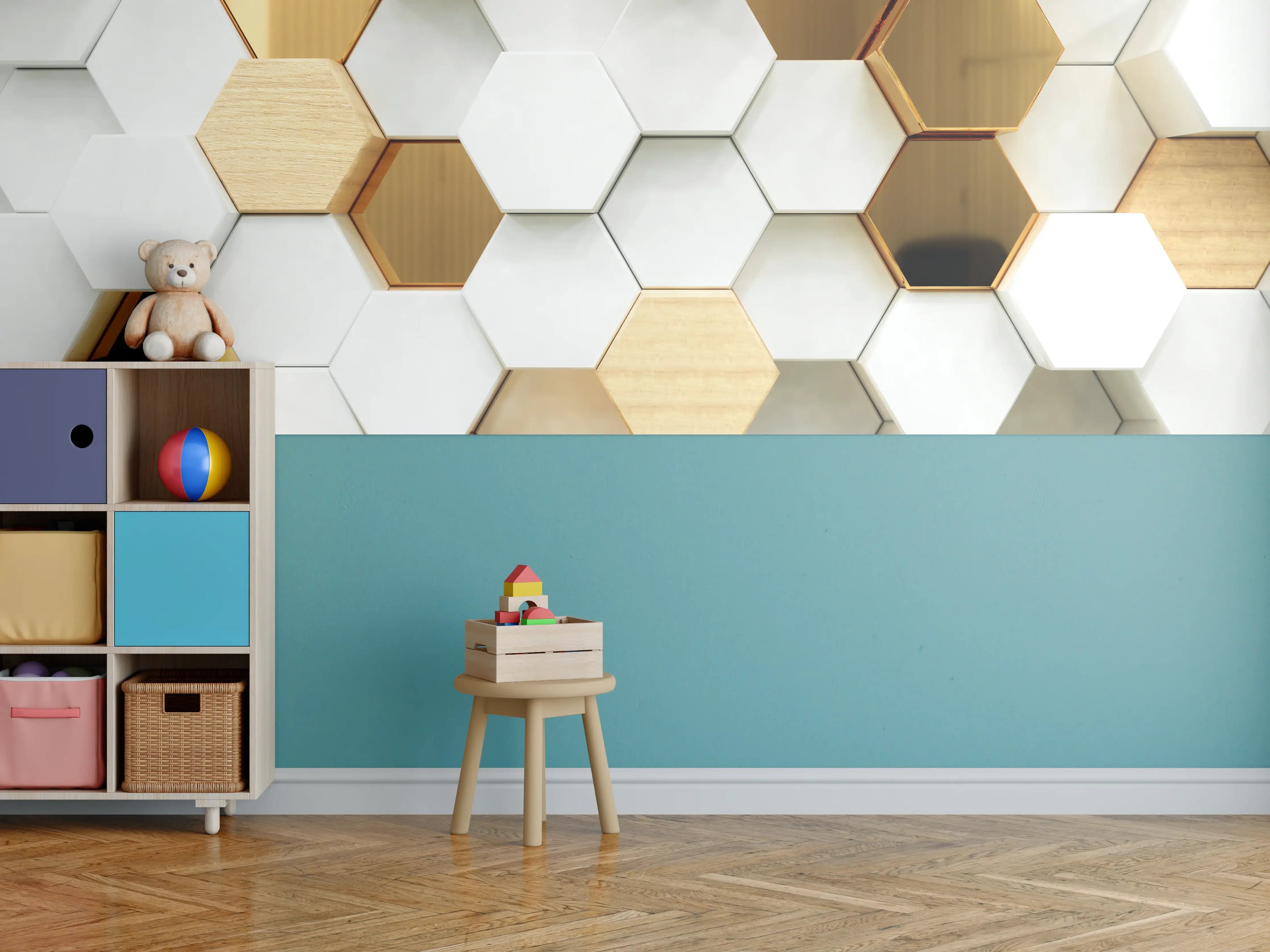 Kinderzimmer Wandgestaltung - Luxuriöser Weiß-Gold-Hexagon-Hintergrund