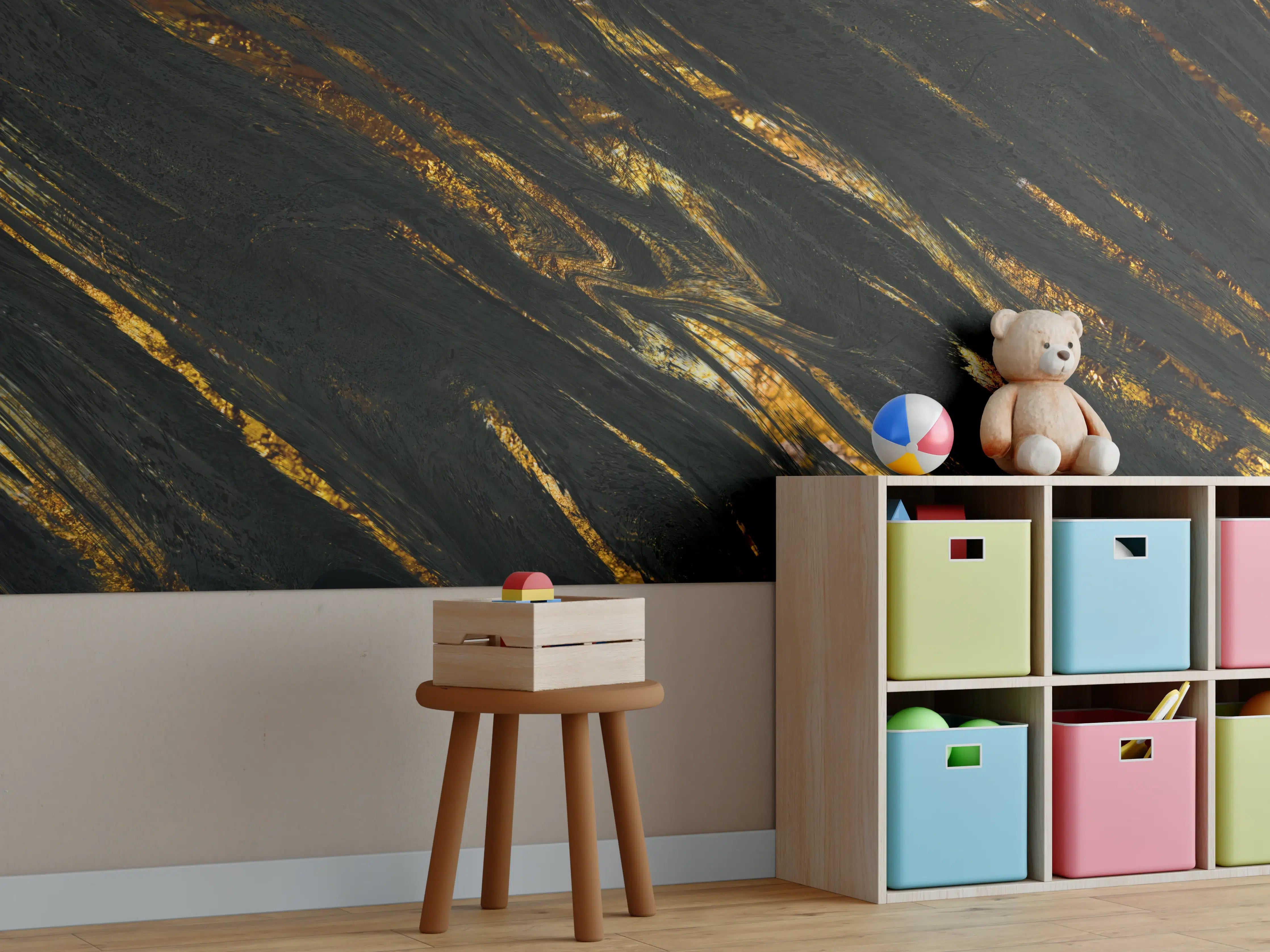 Kinderzimmer Wandgestaltung - Luxus Gold Marmor-Holz Textur