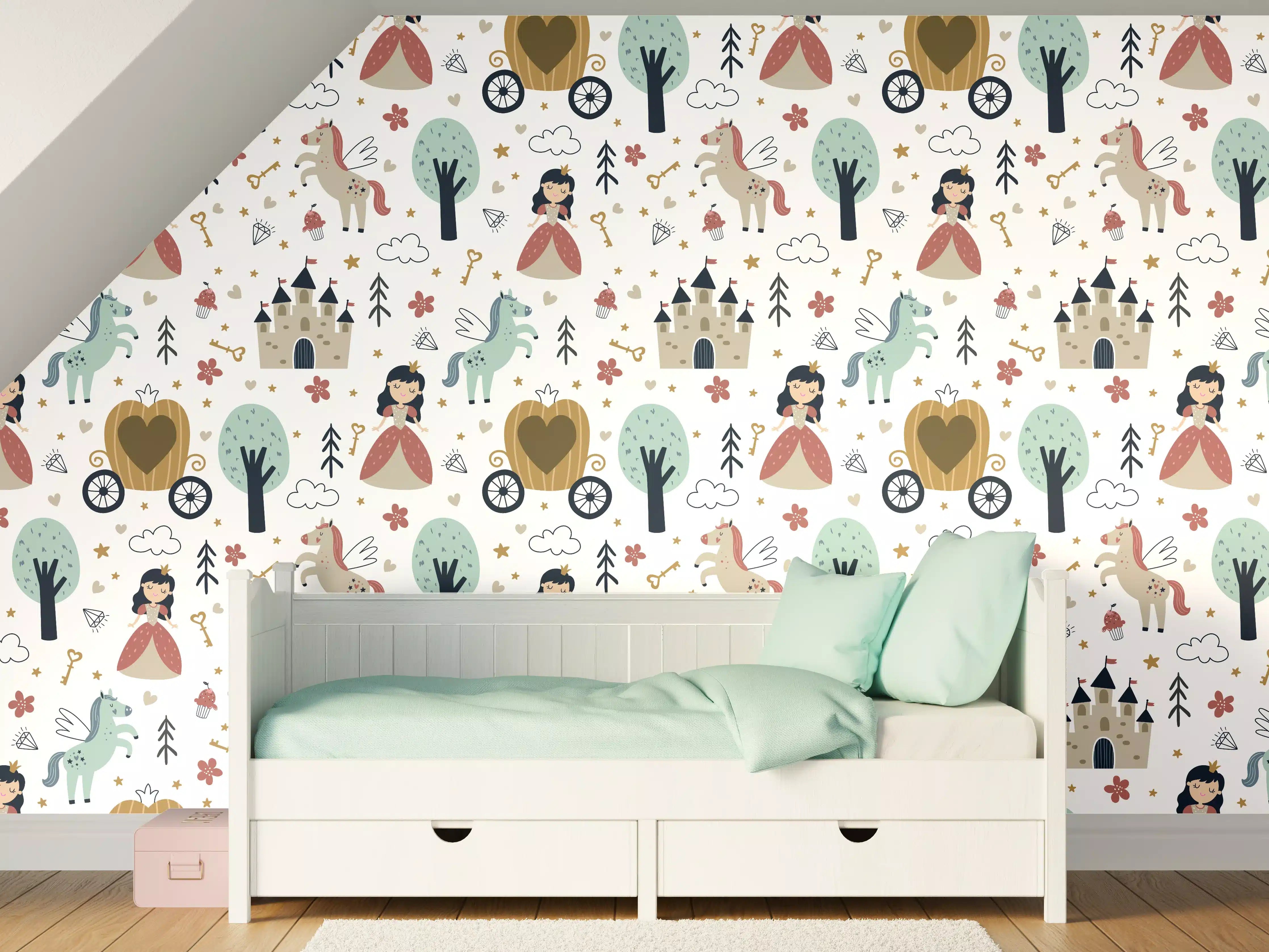 Kinderzimmer Wandgestaltung - Mädchen in einem rosafarbenen Kleid mit lila Schleife