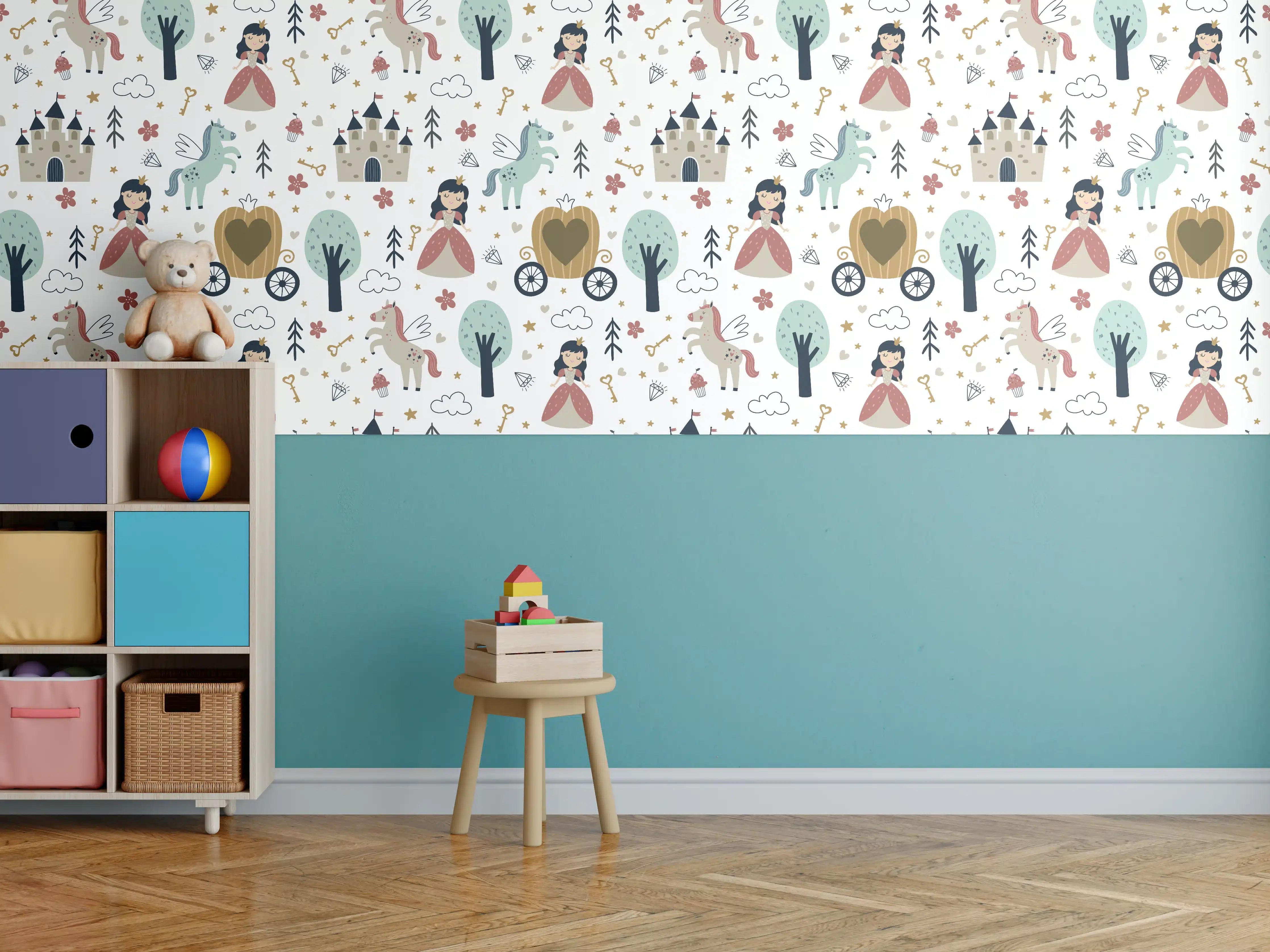 Kinderzimmer Wandgestaltung - Mädchen in einem rosafarbenen Kleid mit lila Schleife