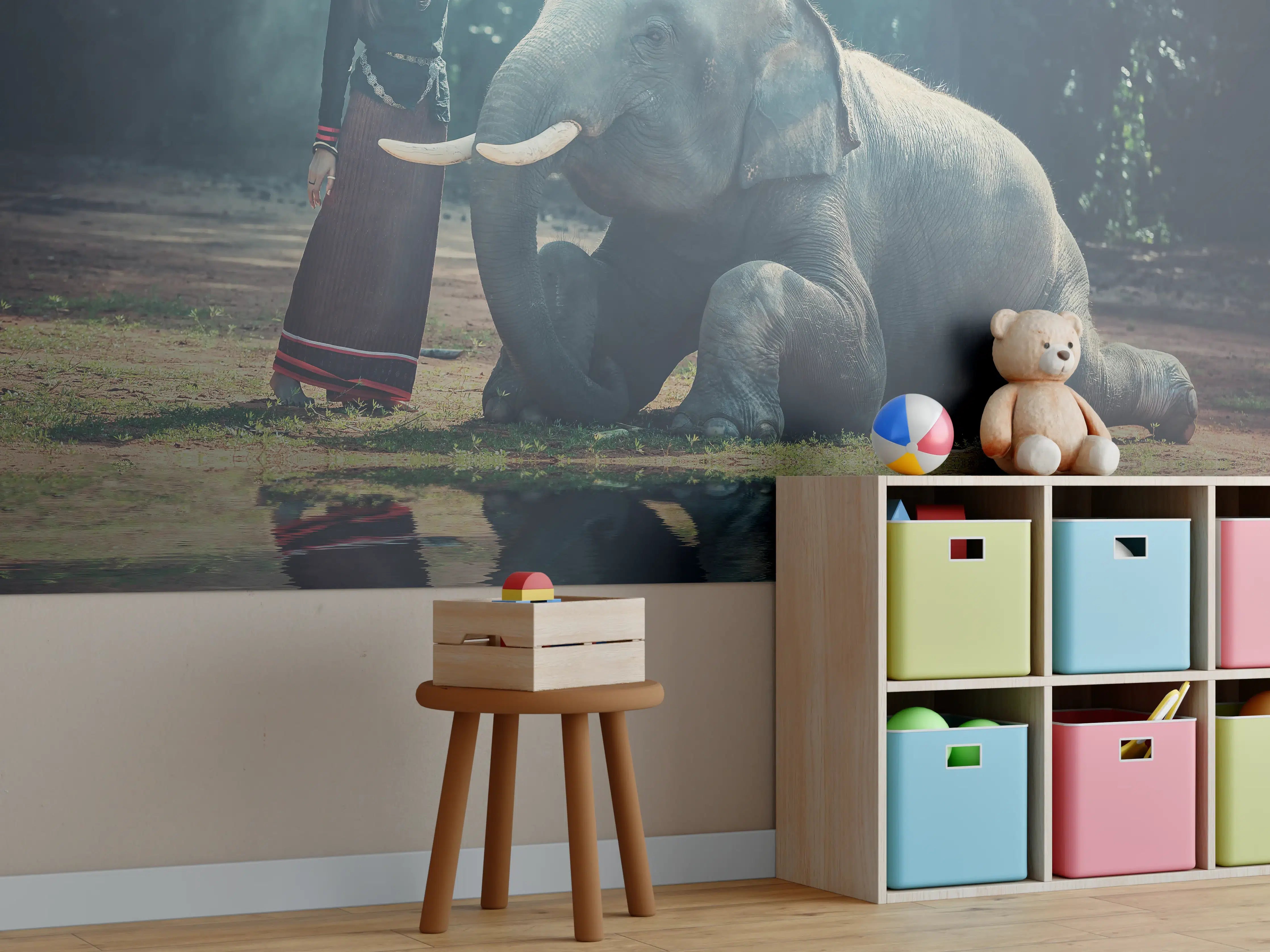 Kinderzimmer Wandgestaltung - Mädchen mit lächelndem Elefanten in Asien