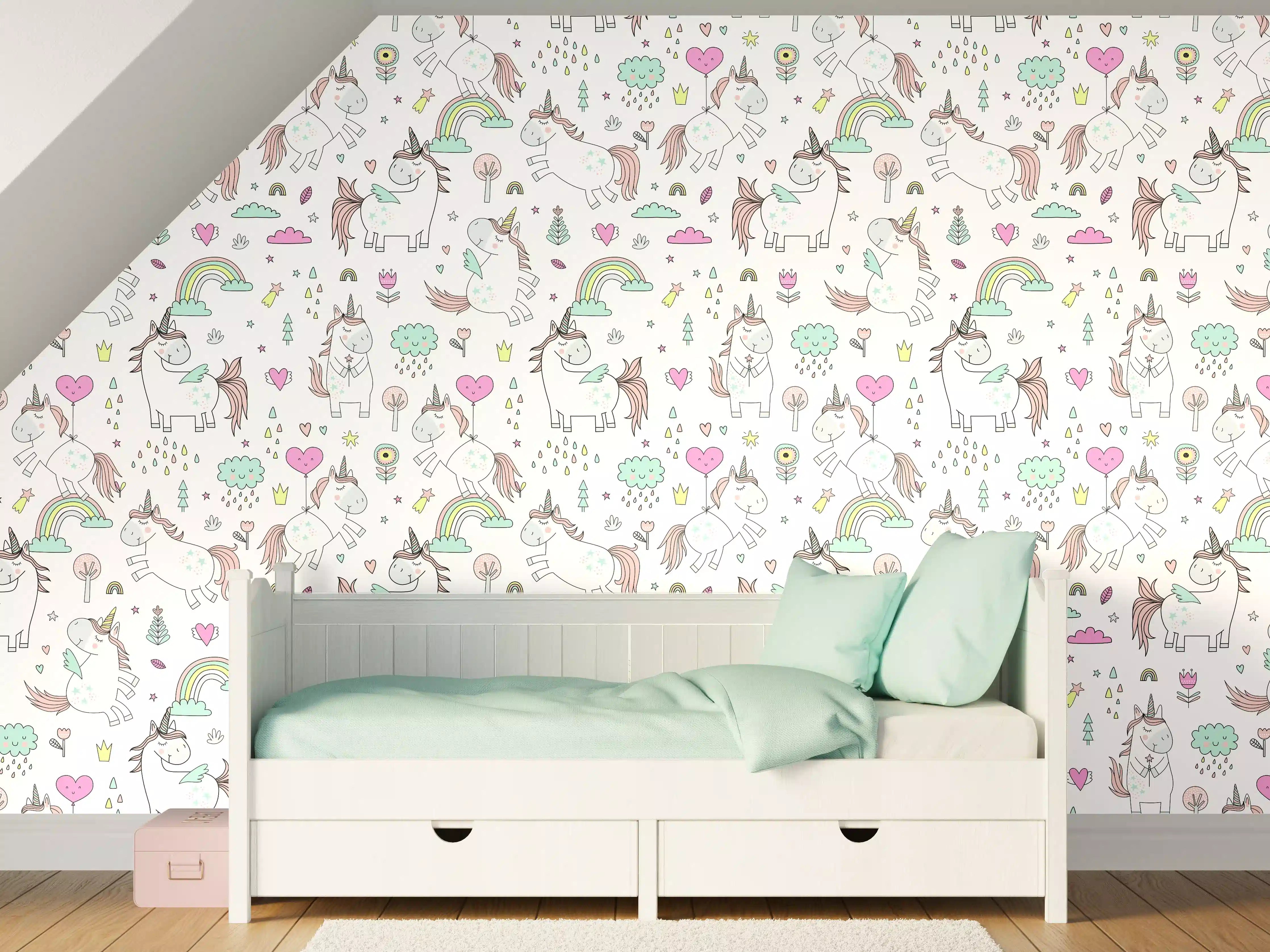 Kinderzimmer Wandgestaltung - Märchenhafte Einhorn- und Regenbogen-Wandgestaltung in Pastellfarben